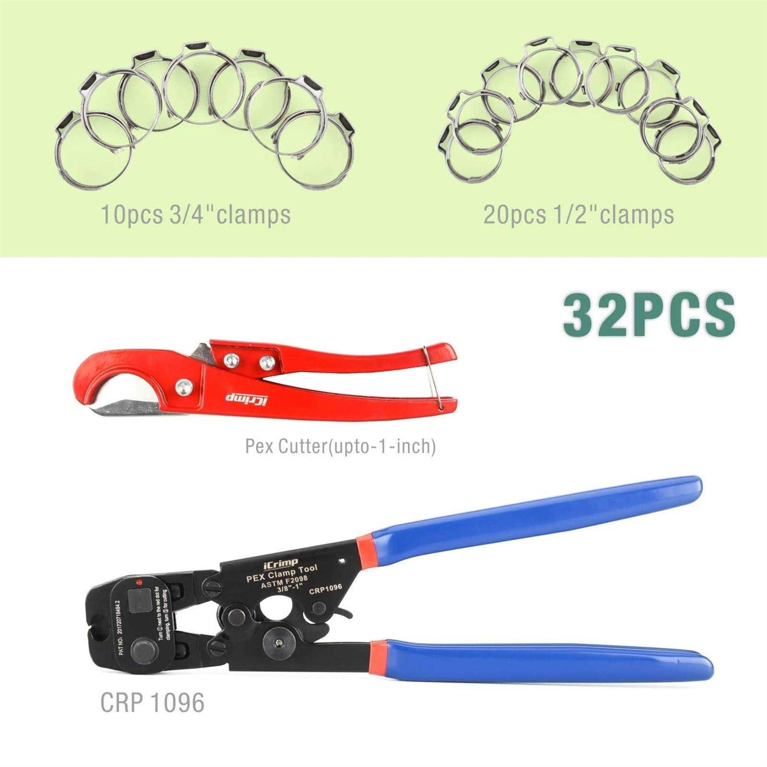 iCRIMP Ratchet PEX Cinch Tool with Removing function for 3/8 to 1-inch Stainless Steel Clamps with 20PCS 1/2-inch and 10PCS 3/4-inch PEX Clamps and - Cheap Fitting
