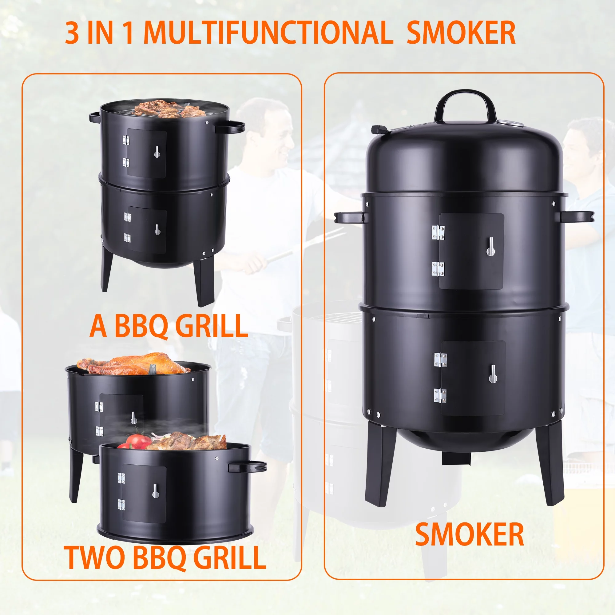 3-in-1 Vertical Portable Charcoal Grill, Outdoor Barbecue Smoker Fire Pit, Small Steel BBQ Grill for Outdoor Picnic, Camping - Cheap Fitting