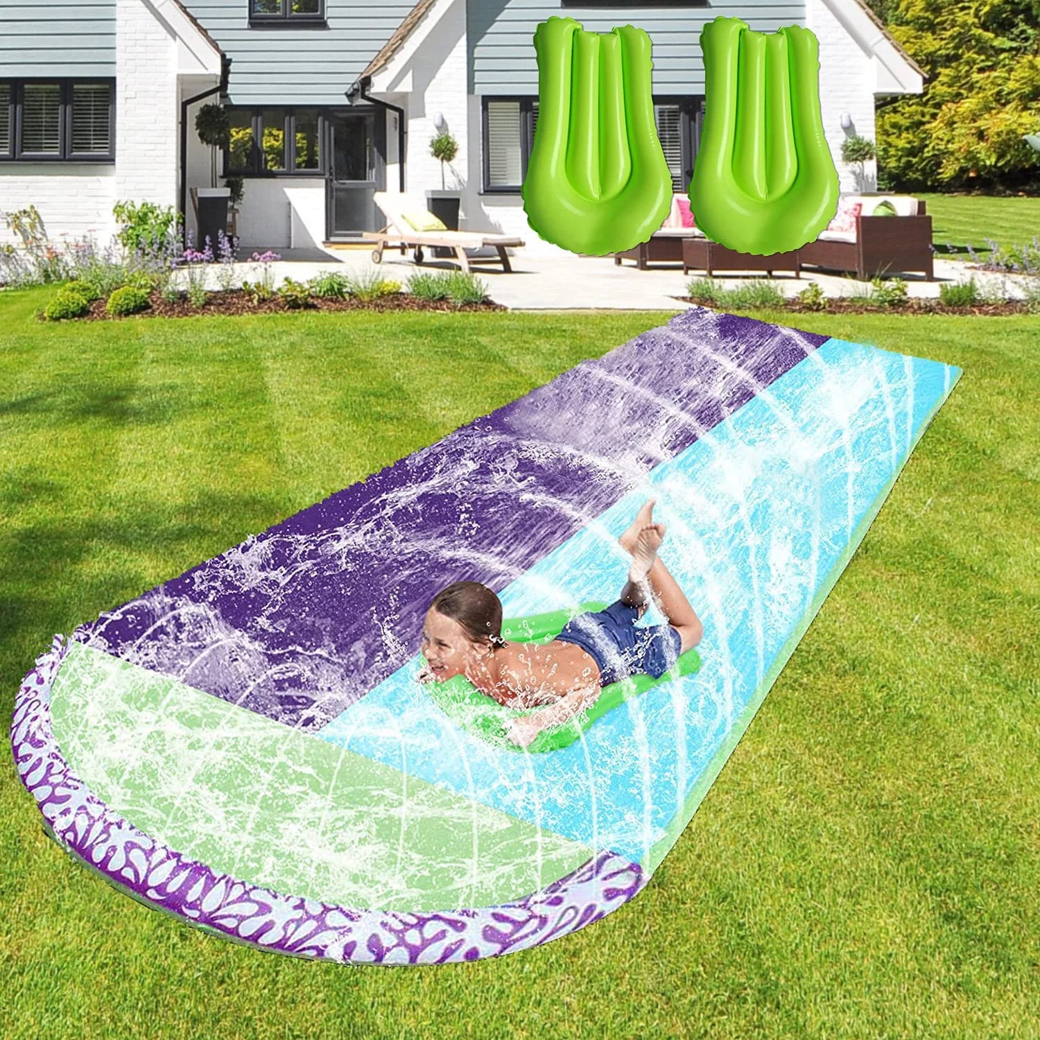 Lawn Water Slip and Slides for Kids Adults - Garden Backyard Giant Racing Lanes and Splash Pool, Outdoor 15.7FT Water Slides with Crash Pad Outdoor Water Toys - Cheap Fitting