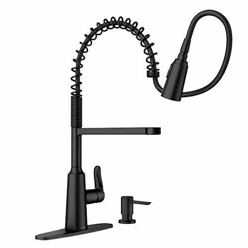 Moen Edwyn Pre-Rinse Spring Matte Black Single Handle Pull-down Kitchen Faucet with Deck Plate and Soap Dispenser Included | 87807BL - Cheap Fitting