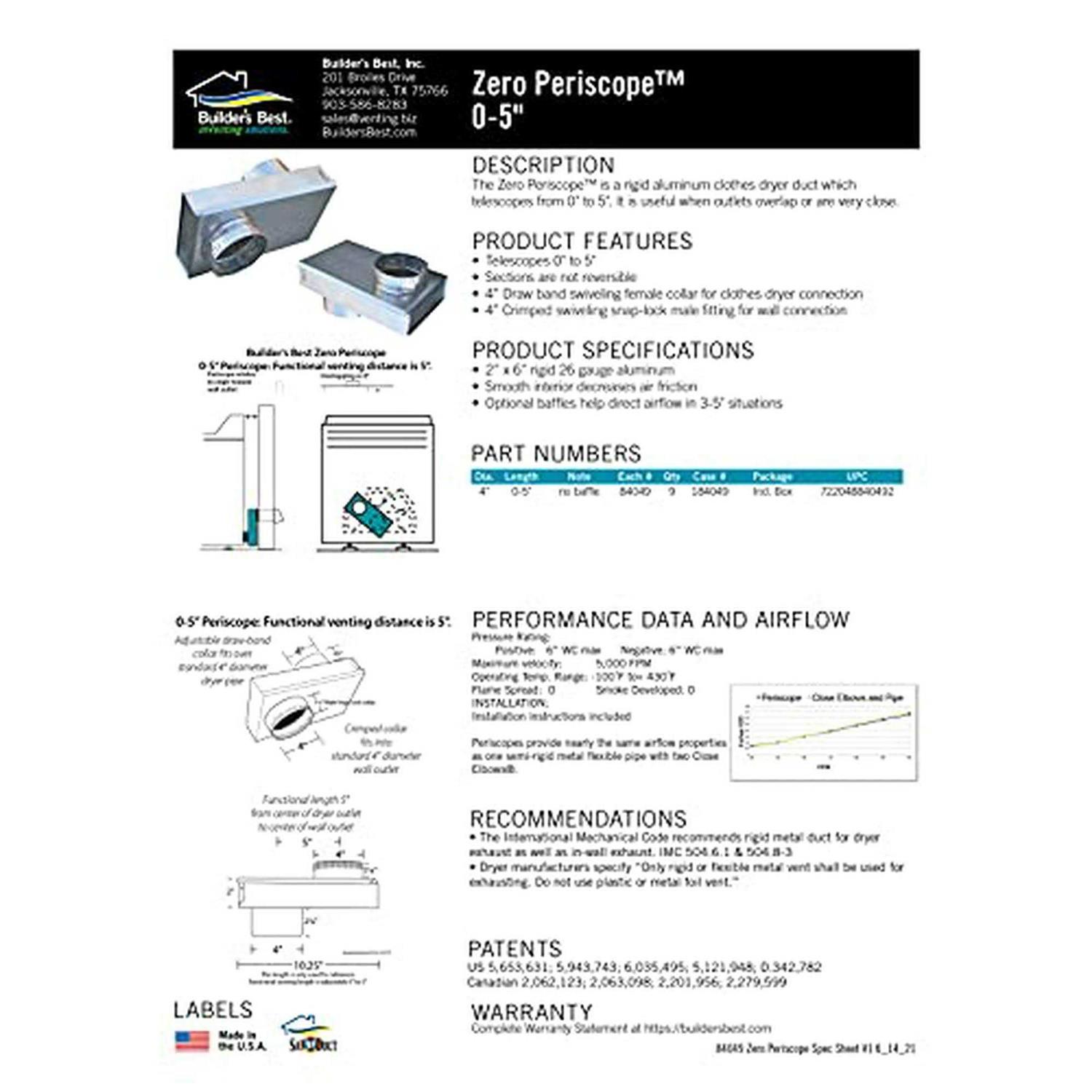 Builder’s Best 84049 SAF-T-Duct Zero Dryer Vent Periscope - Cheap Fitting