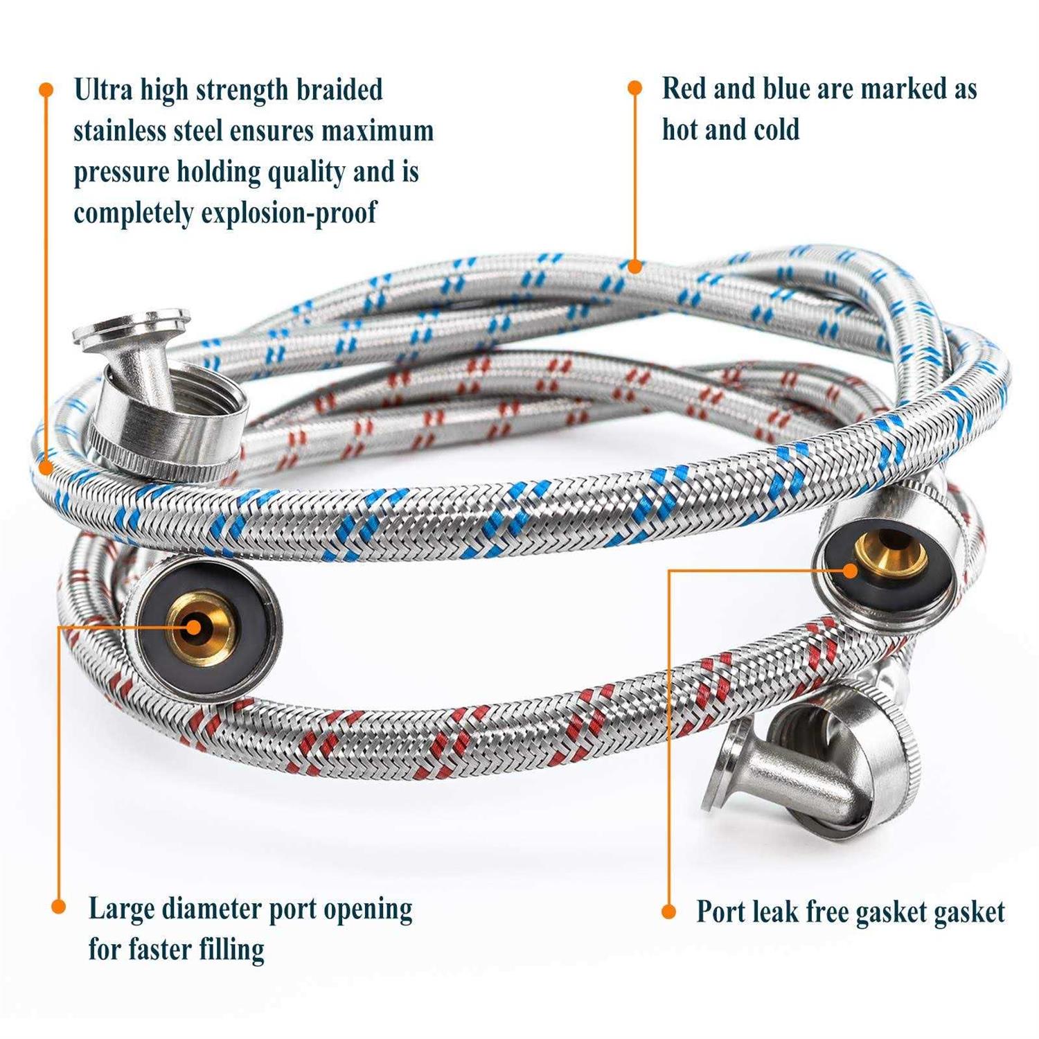 Beaquicy Washer Stainless Steel Hoses with 90 Degree Long Red and Blue Burst Proof - Cheap Fitting
