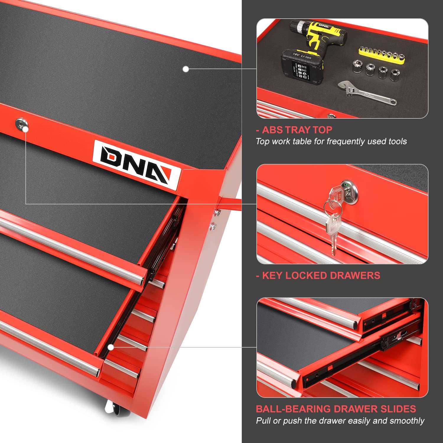 Dna Motoring Tools-00264 7-Drawer Plastic Top Rolling Tool Cabinet with Keyed Locking System,27.55 L X 13 W X 30.31 H,Red - Cheap Fitting