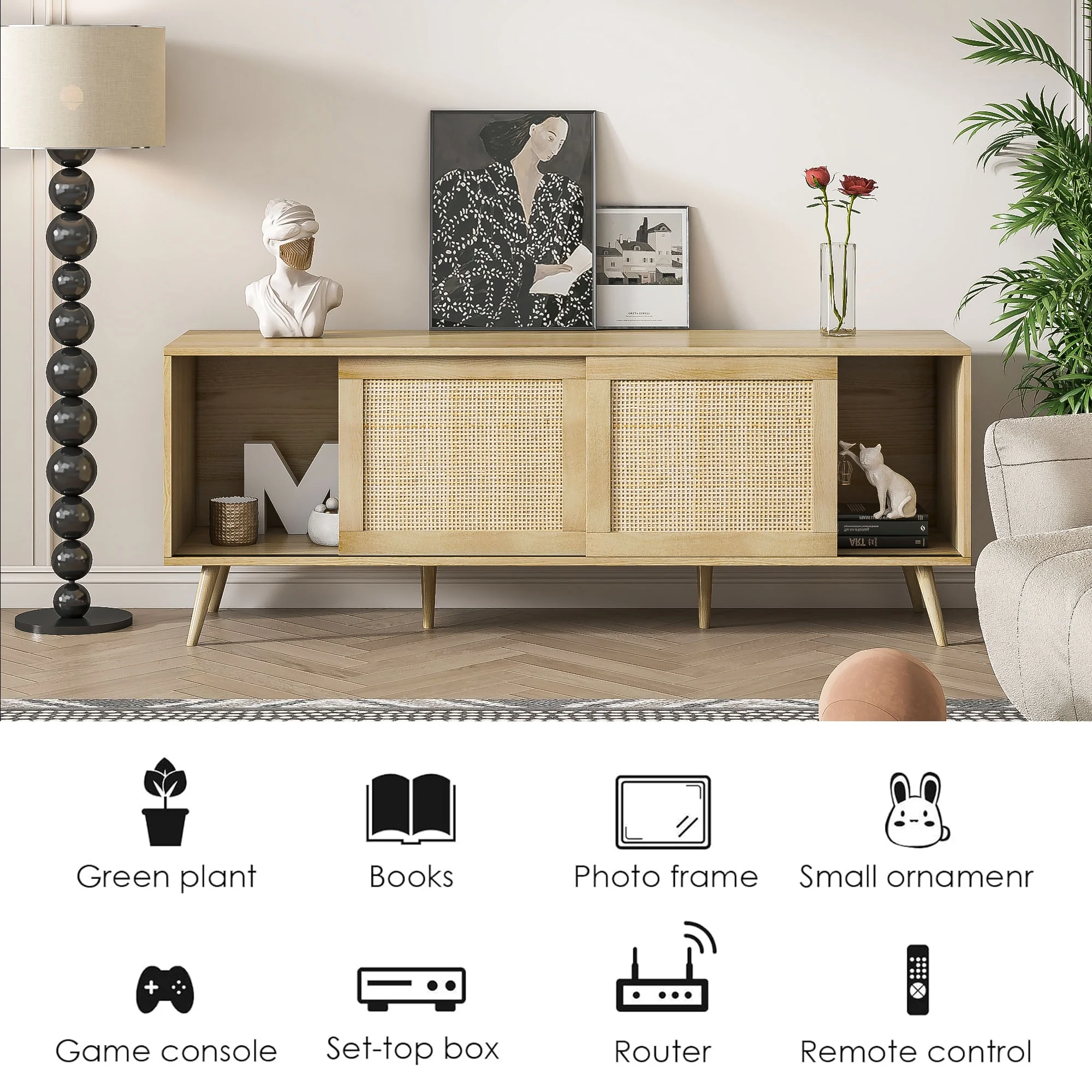 Diubas Farmhouse Rattan TV Stand for a 75 inch TV, Wood TV Console Entertainment Center with 2-Door for Living Room - Cheap Fitting