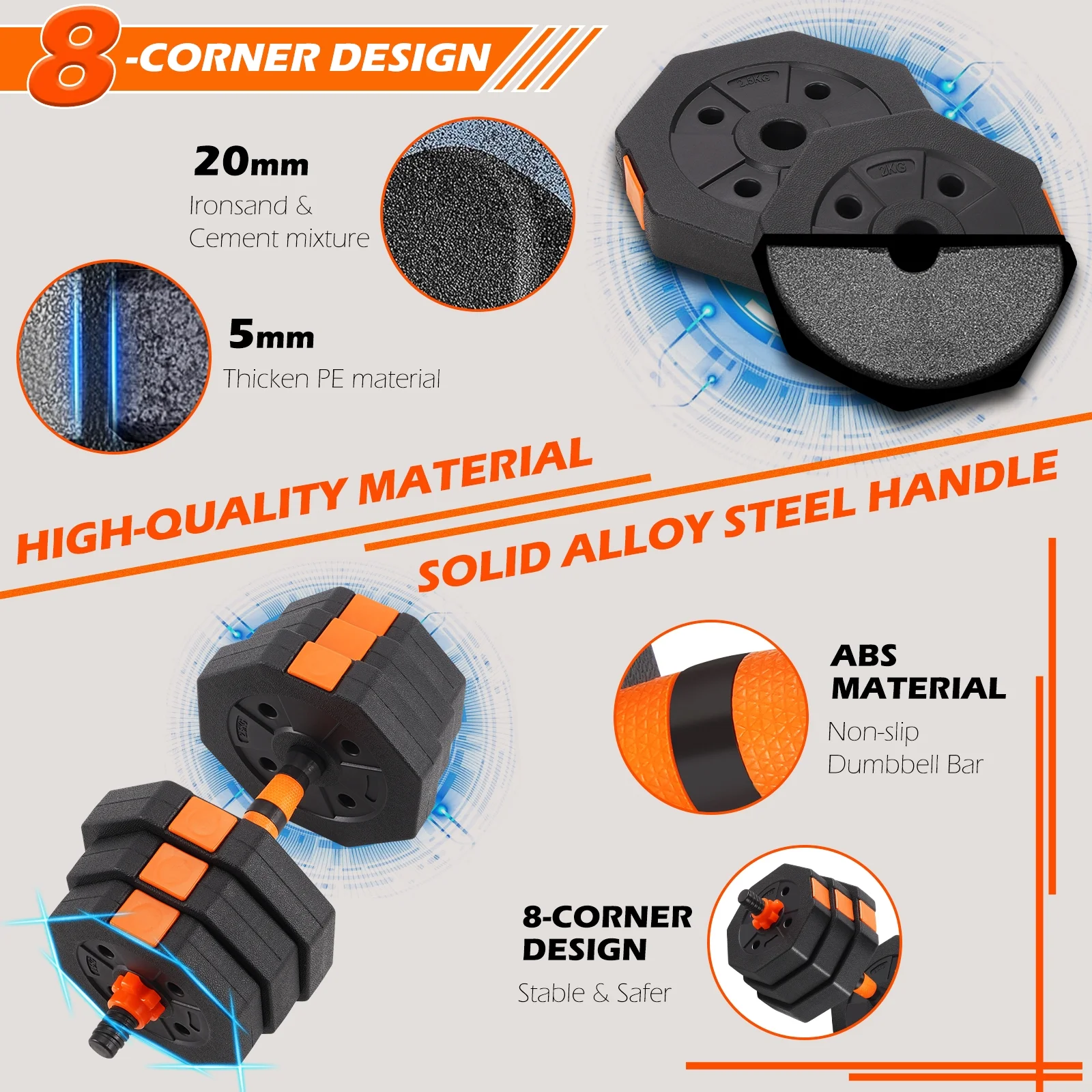 ARVAKOR 66Lbs Adjustable Dumbbell Set – Octagonal Anti-Roll Design, Non-Slip Grip, Versatile Weights with Barbell, Kettlebell, Push-Up Options, Orange - Cheap Fitting