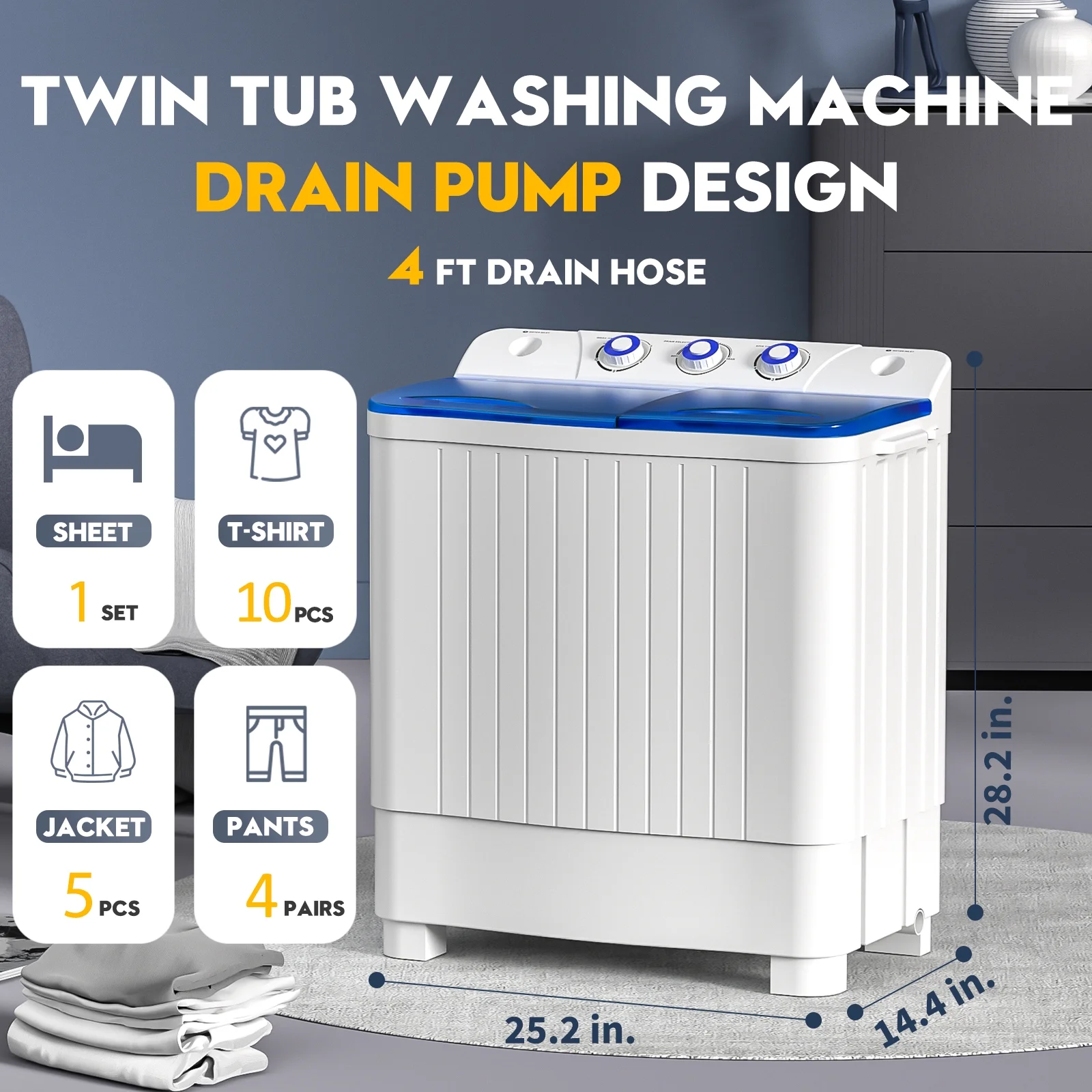 Auertech Portable Washing Machine 20lbs Mini Twin Tub Compact Semi-Automatic Washer Spinner Combo with Drain Pump - Cheap Fitting