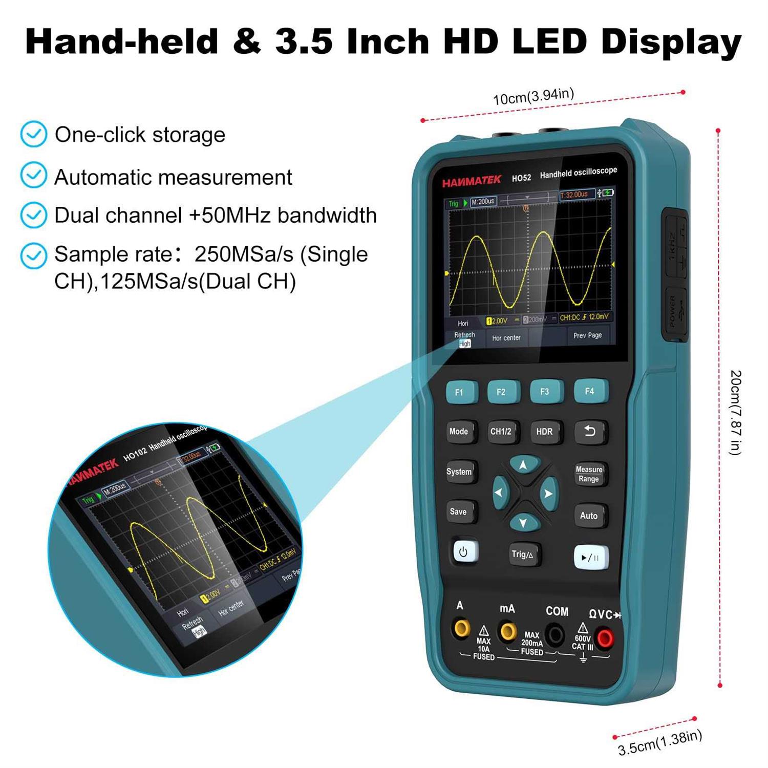 HANMATEK Handheld Digital Oscilloscope 50Mhz Bandwidth with 2 Channels HO52 3.5TFT Mini Oscilloscope, 2 in 1 Oscilloscope and Multimeter - Cheap Fitting