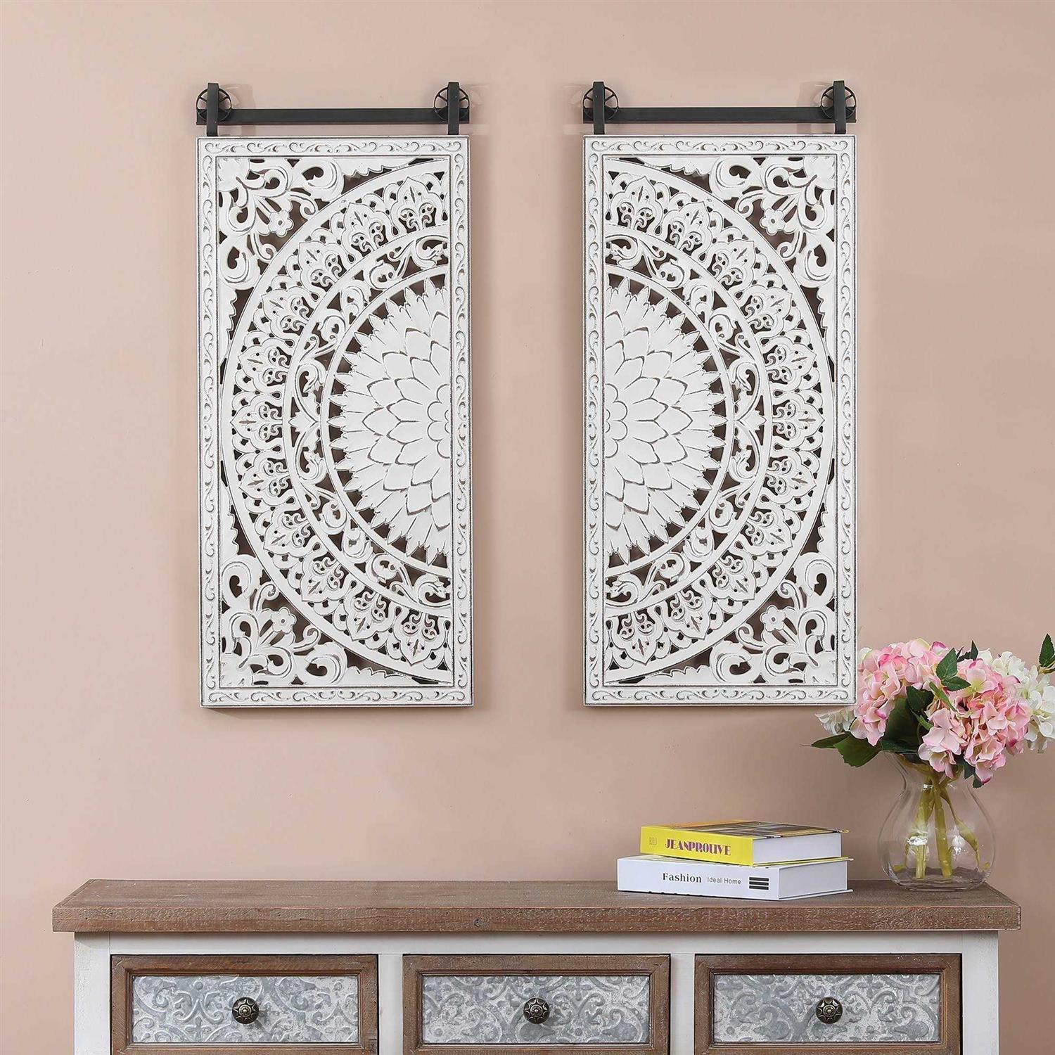 LuxenHome Set of 2 Distressed Ivory White Wood Flower Wall Decor - Cheap Fitting