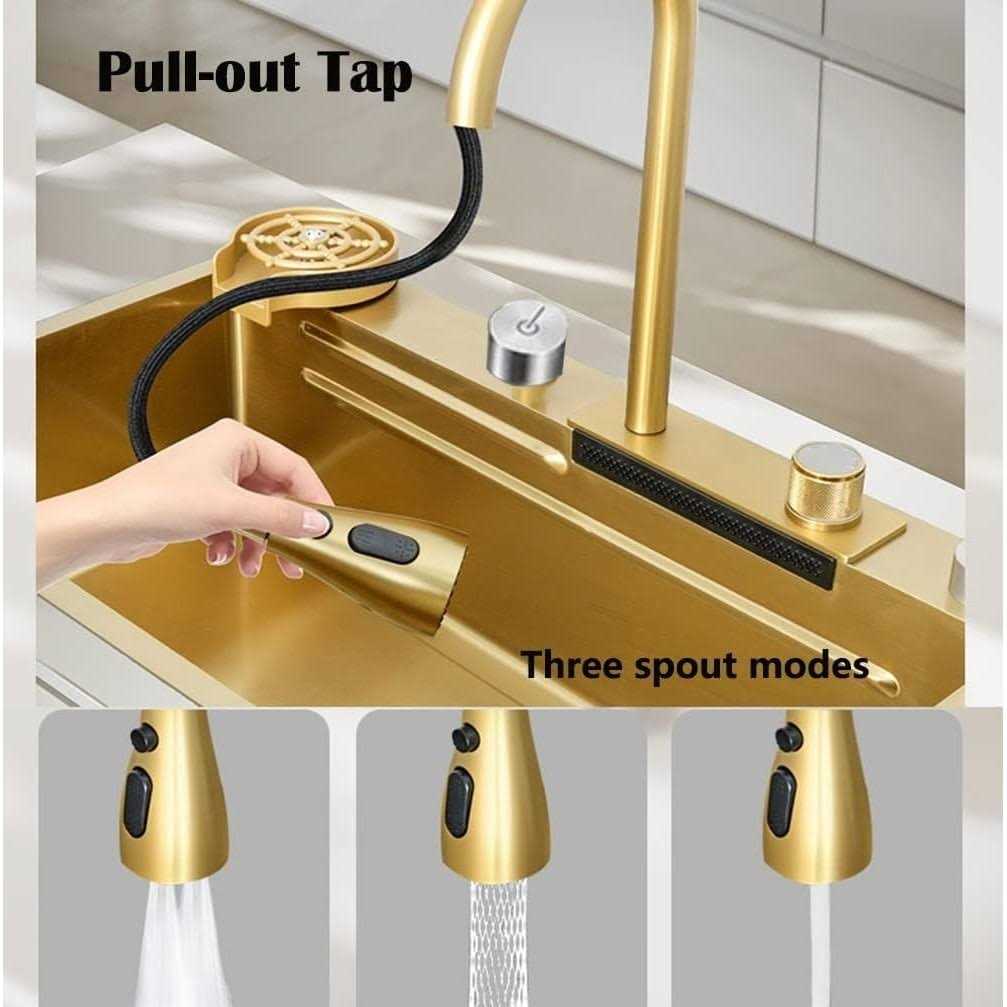 Flying Rain Stainles Steel Waterfall Kitchen Sink w Digital Contro Faucet Gold 29.5 Inch - Cheap Fitting