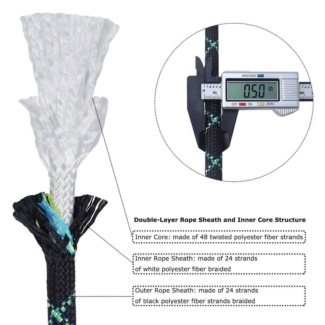 Double Braid Polyester Arborist Rigging Rope -1/2 inch x 100 feet - Cheap Fitting