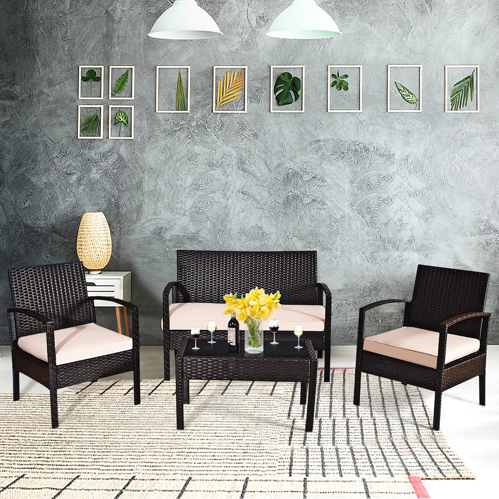 Costway 4PCS Patio Rattan Conversation Furniture Set Cushioned Seat Glass Table - Cheap Fitting