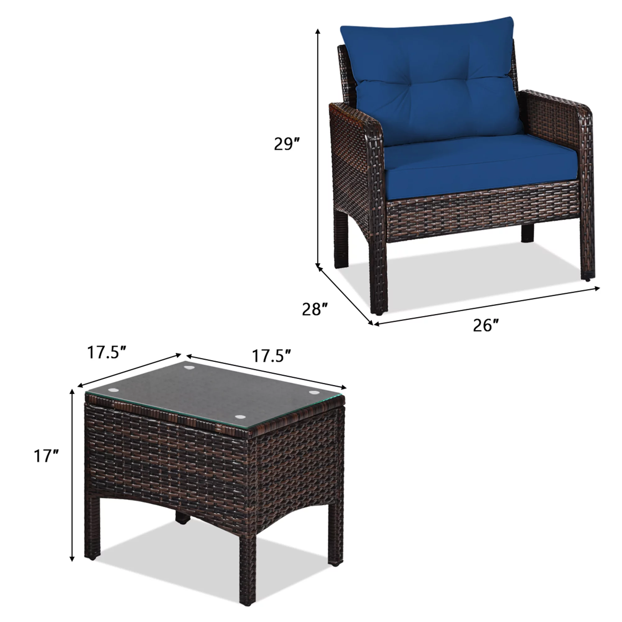 Gymax 3PCS Rattan Patio Conversation Furniture Set Yard Outdoor w/ Navy Cushions - Cheap Fitting