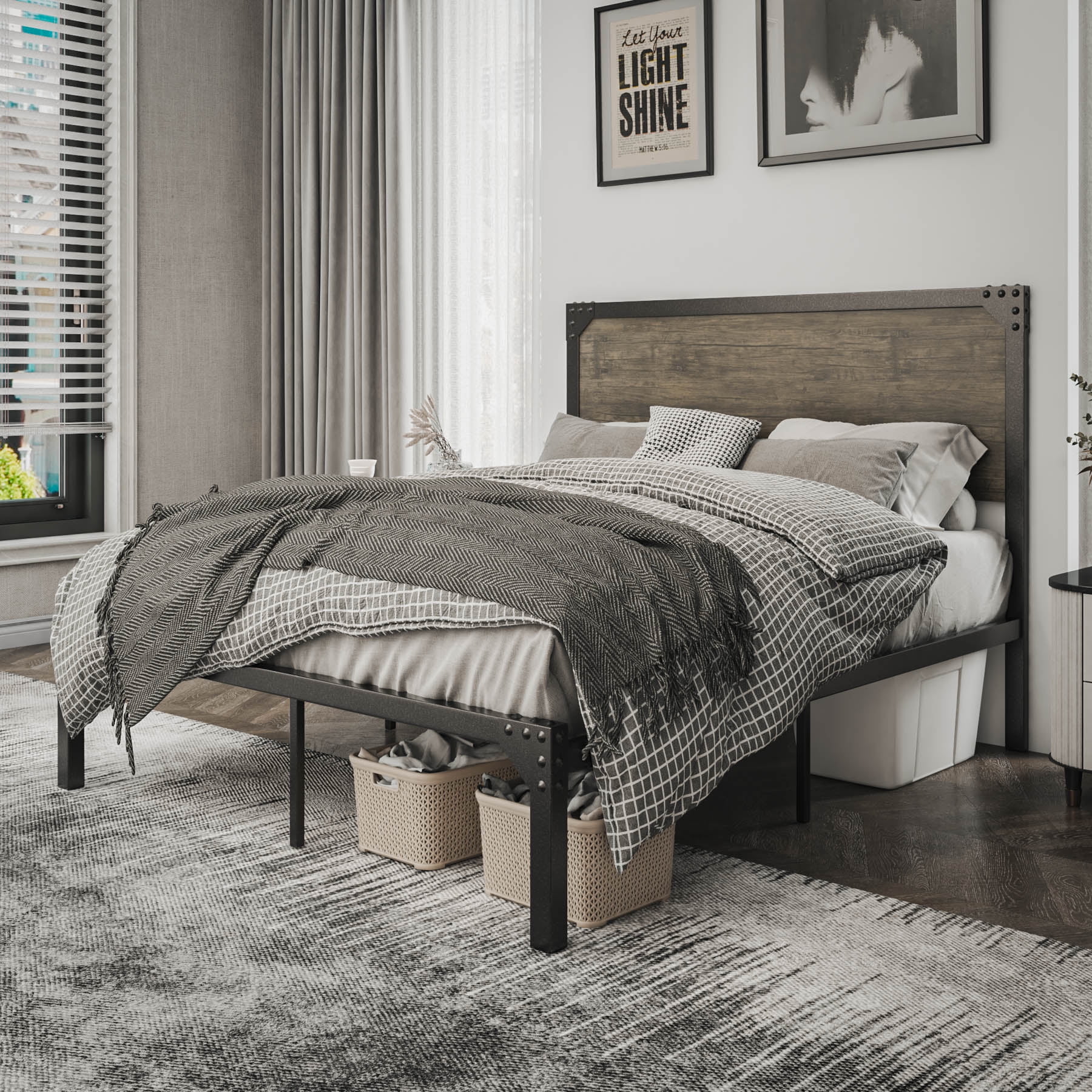 Allewie Queen Size Industrial Metal Platform Bed Frame with Wooden Rivet Headboard,  No Box Spring Needed, Brown - Cheap Fitting