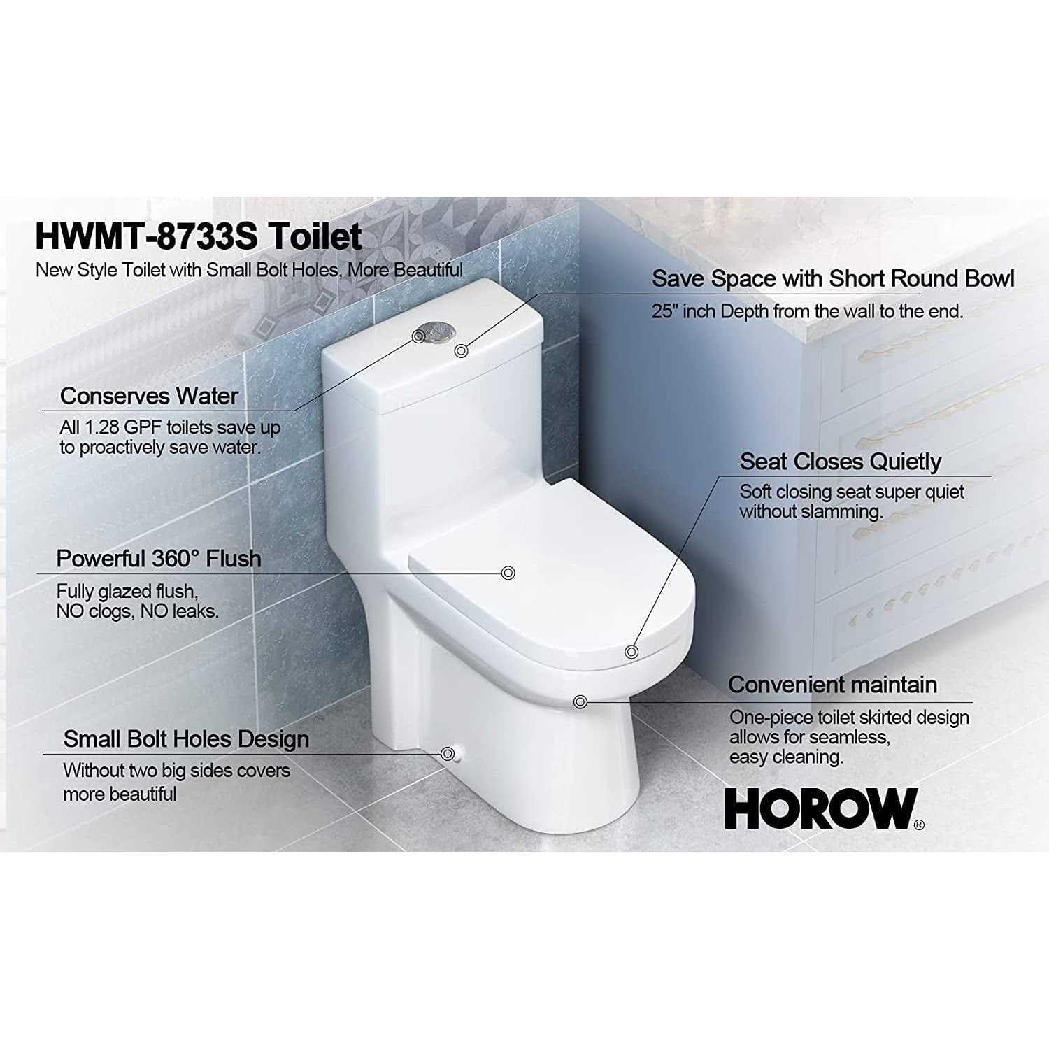 HOROW HWMT-8733S Nia 1.28 GPF Round Dual-Flush Floor Mounted One-Piece Toilet Finish - Cheap Fitting