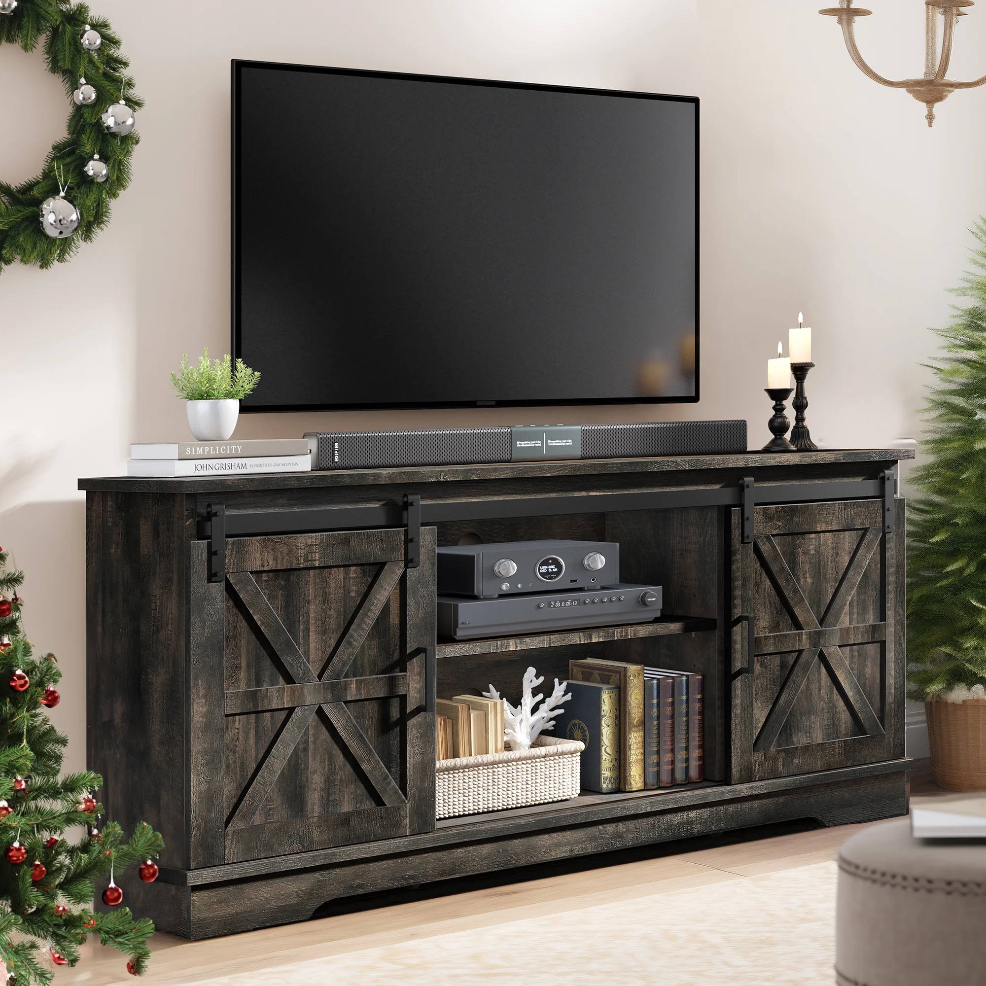 Dextrus Farmhouse TV Stand for TVs up to 65'', Entertainment Center with Barn Doors, TV Media Console Cabinet, Grey - Cheap Fitting