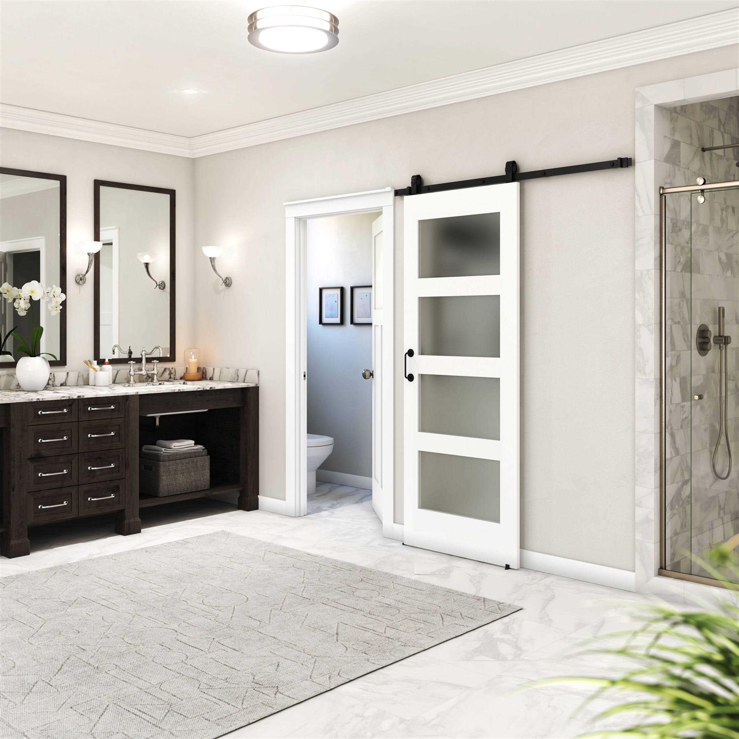 EightDoors 1-3/8 in. Frosted Glass 4-Lite Shaker Primed Solid Wood Core Interior Barn Door Slab - Cheap Fitting