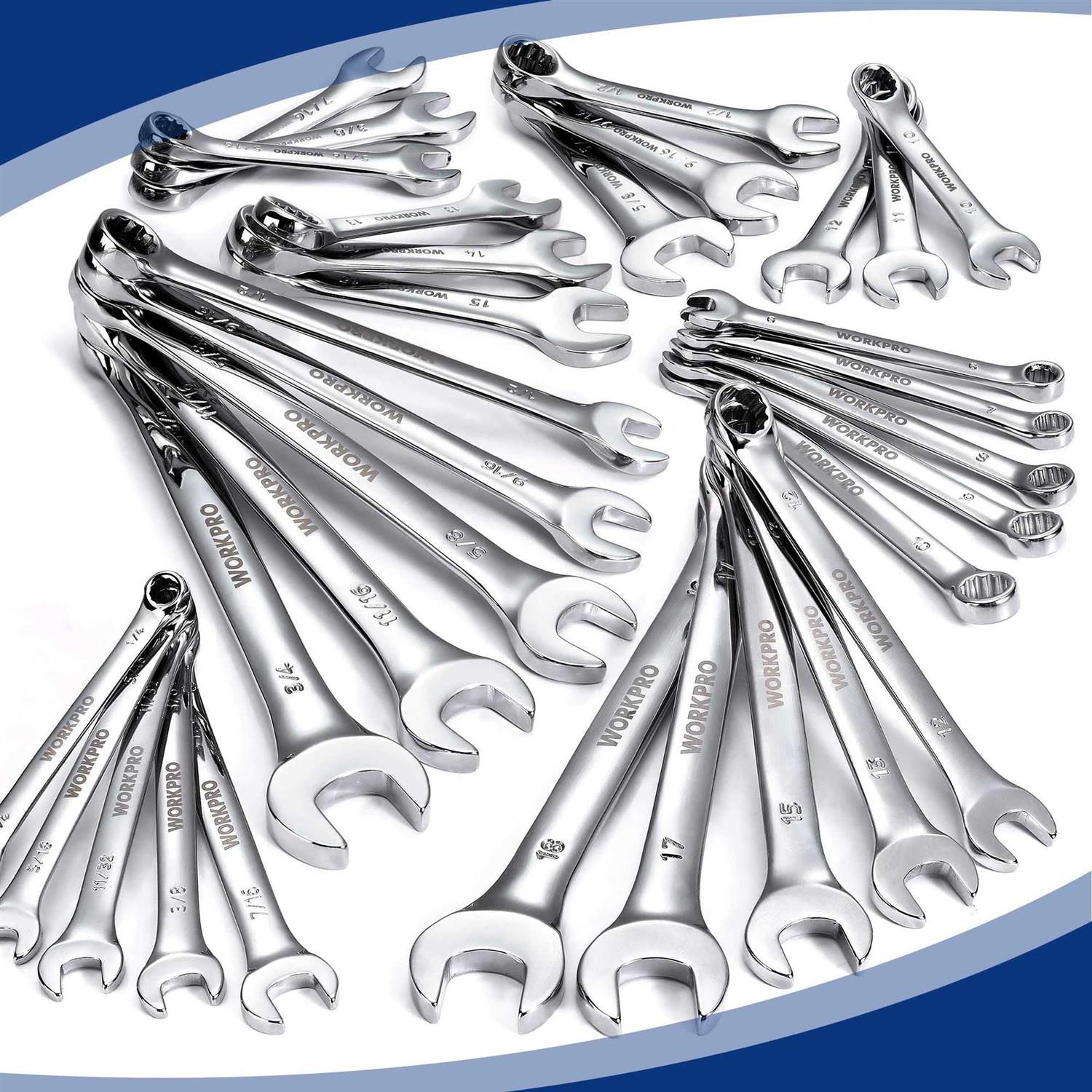 WORKPRO 32-Piece SAE & Metric Combination Wrench set, 12 PT Regular and Stubby Wrenches set with Organizer Tray - Cheap Fitting