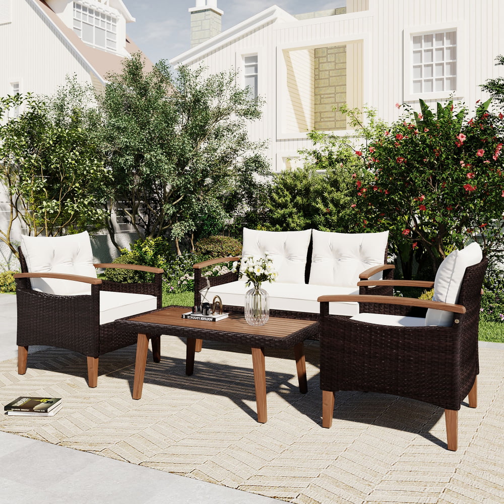 Patio Conversation Set, 4-Piece Outdoor Garden Furniture Set, Patio Seating Set, PE Rattan Outdoor Sofa Set, Sectional Conversation Set with Cushions and Dining Table for Backyard Lawn, Brown+Blue - Cheap Fitting