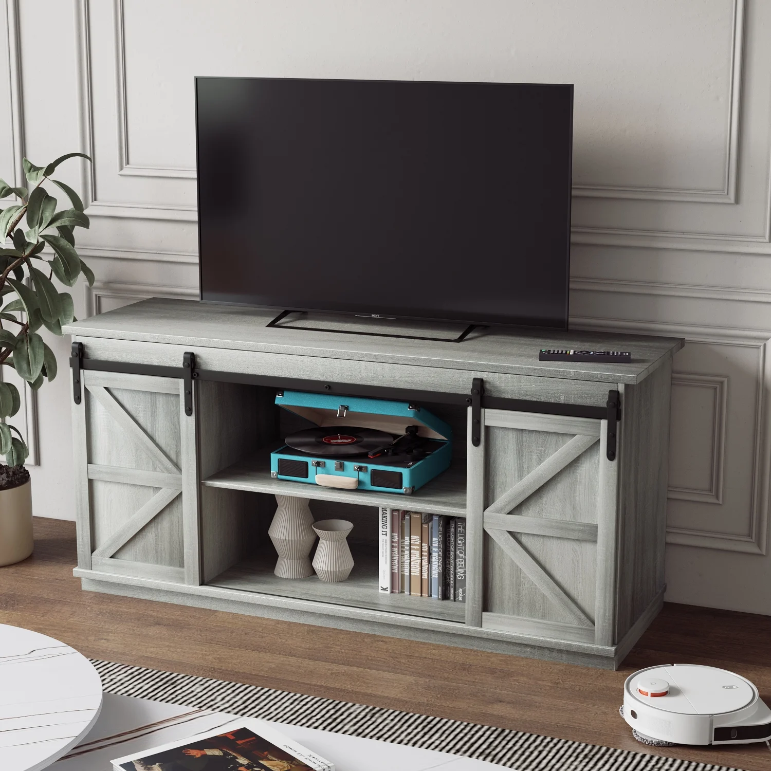 Furmax Modern Farmhouse Barn Door TV Stand for TVs up to 65