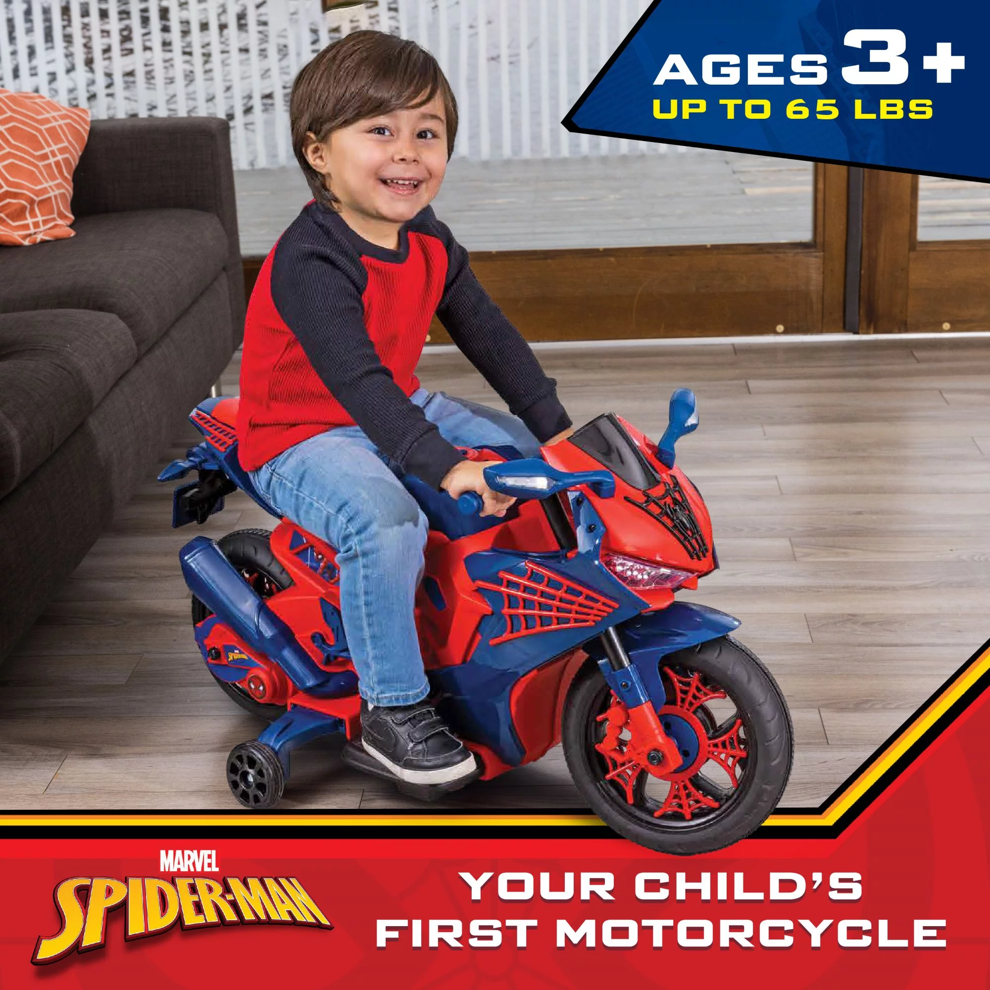 Spiderman 6V Motorcycle Ride On, for Kids, Ages 3+, Rechargeable Battery, up to 65lbs - Cheap Fitting