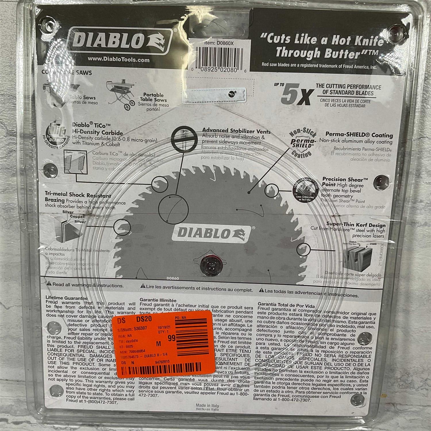 Diablo D0860X 8-1/4 in. 60-Tooth Fine Finish Saw Blade - Cheap Fitting