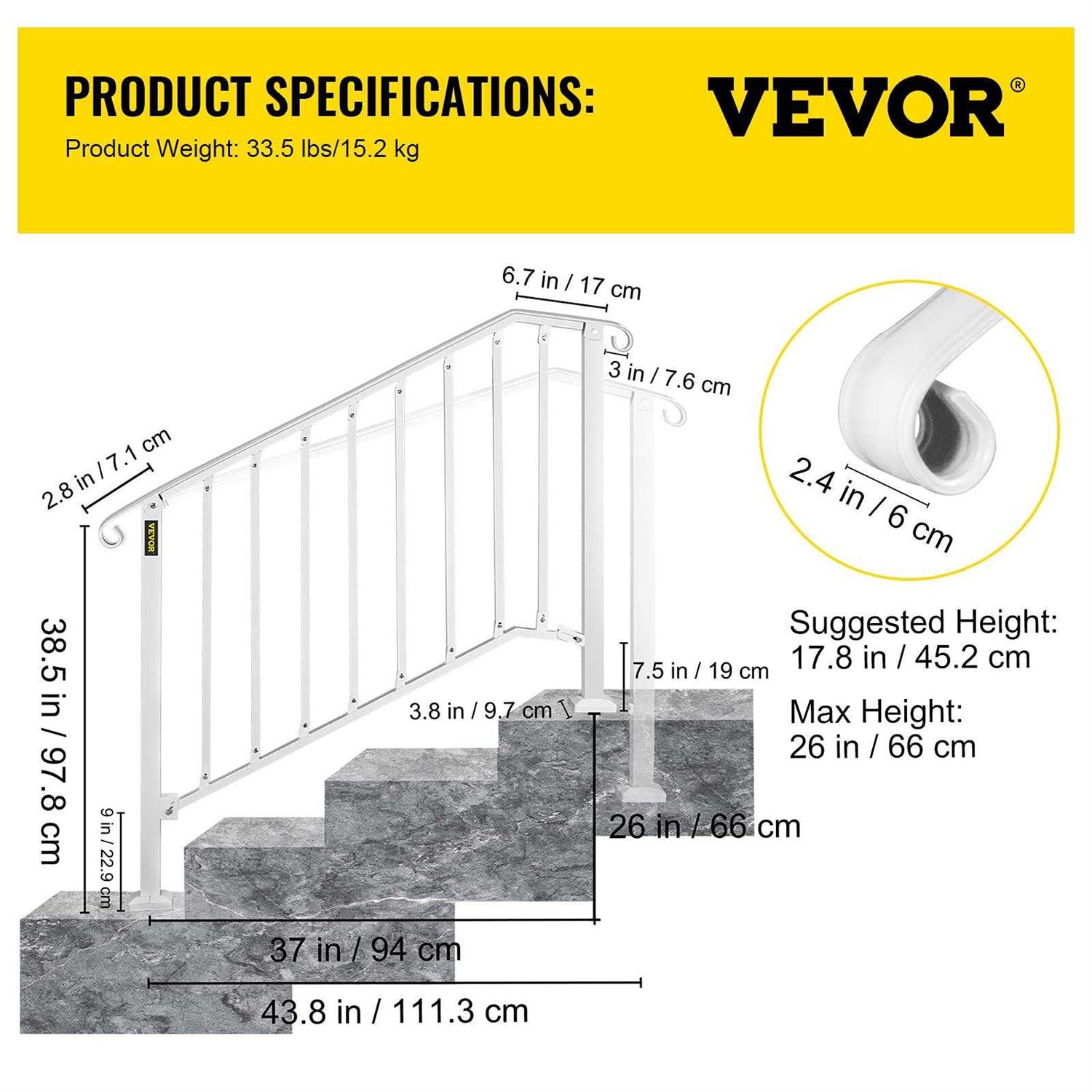 VEVOR 3 ft. Handrails for Outdoor Steps Fit 3 or 4 Steps Outdoor Stair Railing Wrought Iron Handrail with baluster - Cheap Fitting