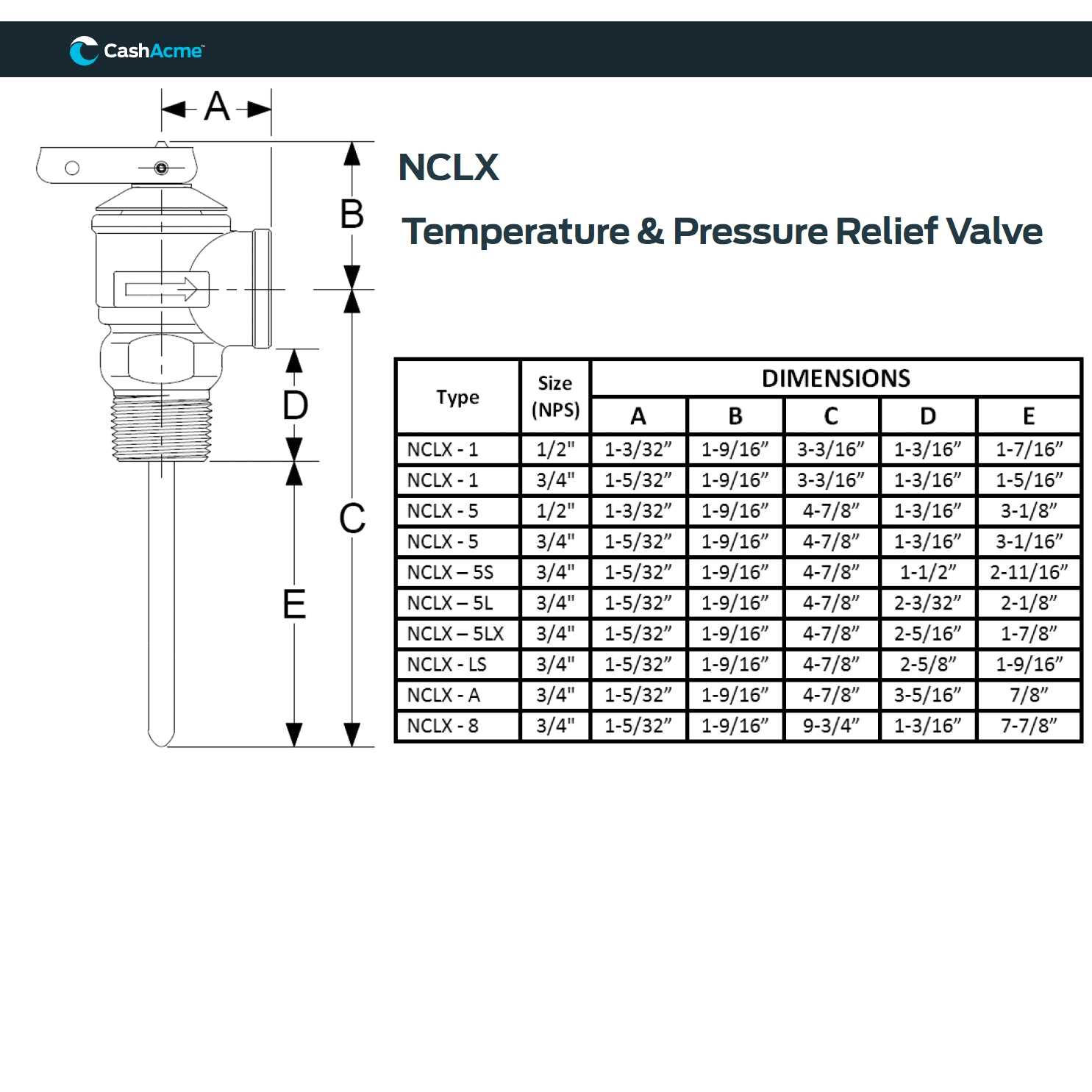 Cash Acme Temperature and Pressure Relief Valve 18821-0150 - Cheap Fitting
