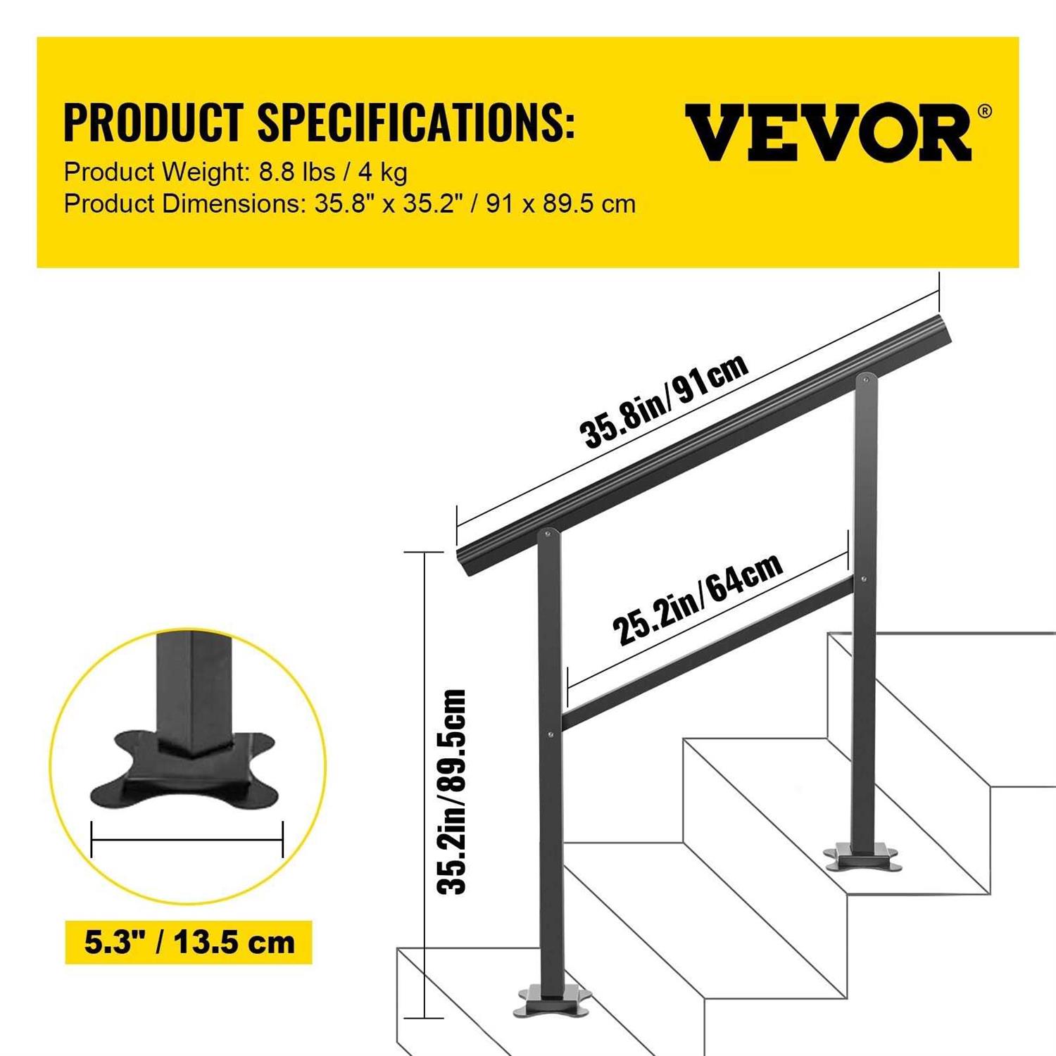 VEVOR Outdoor Handrail 165LBS Load Handrail Outdoor Stairs Aluminum Stair Handrail 36 x 35 Outdoor Stair Railing Transitional R - Cheap Fitting