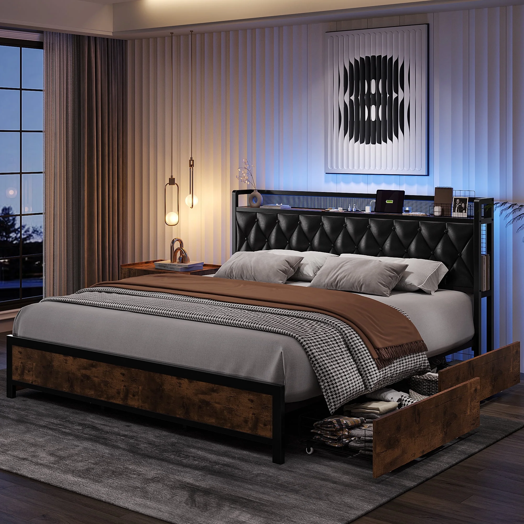 Homfa King Size LED Bed Frame with 4 Storage Drawers, 42