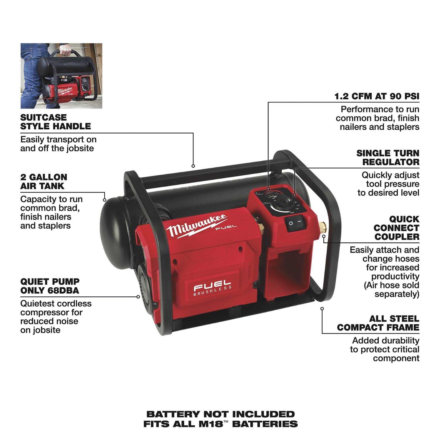 Milwaukee 2840-20 M18 FUEL 2 Gallon Compact Quiet Compressor - Cheap Fitting