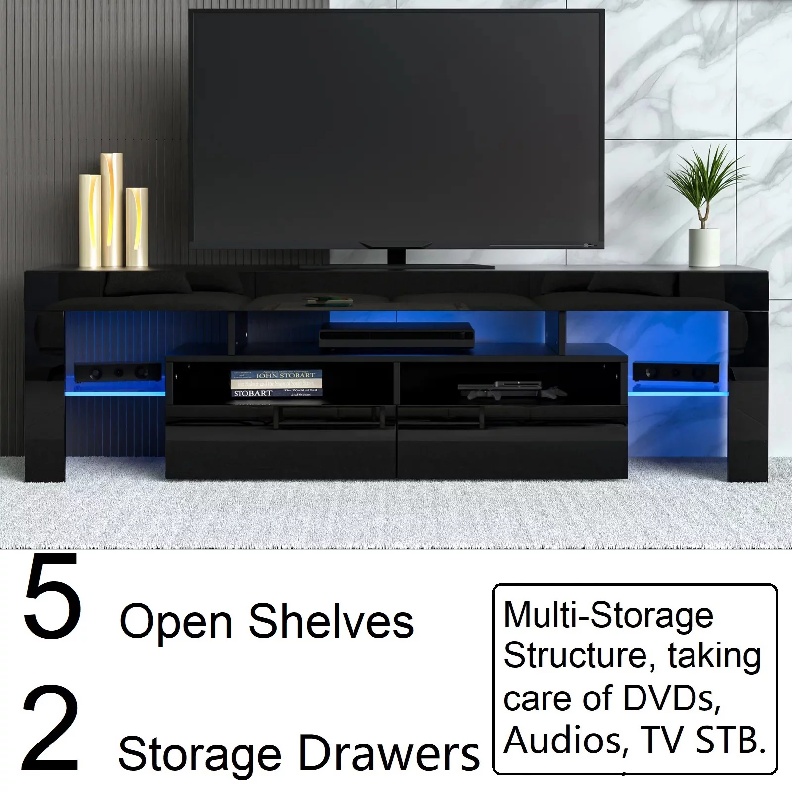 Bonzy Home High Glossy TV Stand for 70 Inch TVs with LED Light, Modern LED TV Unit Media Console with Storage, Black - Cheap Fitting