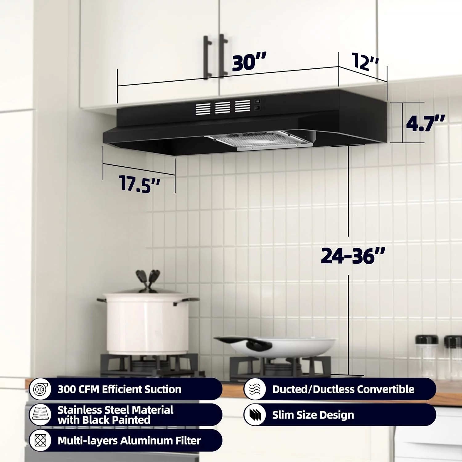 FIREGAS Black Range Hood 30 inch Under Cabinet Range Hood with 2 Speed Exhaust Fan,Ducted/Ductless Convertible,Rocker Button Control,300 CFM,Aluminum Filter - Cheap Fitting