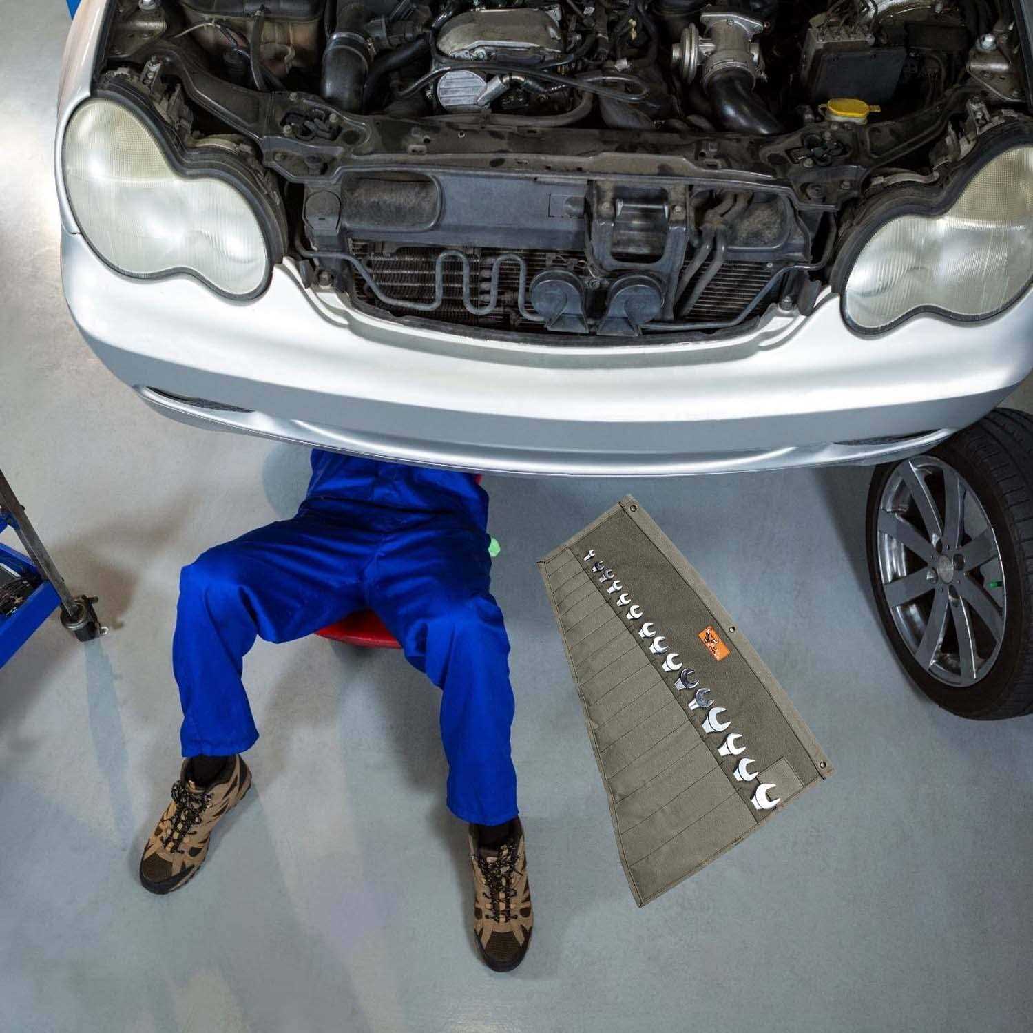 BULL TOOLS 16 Pocket Wrench Pouch Metric & Standard Tool Set Organizer & Roll Up Tool Pouch Bag Handmade 100% Dyed Cotton - Cheap Fitting