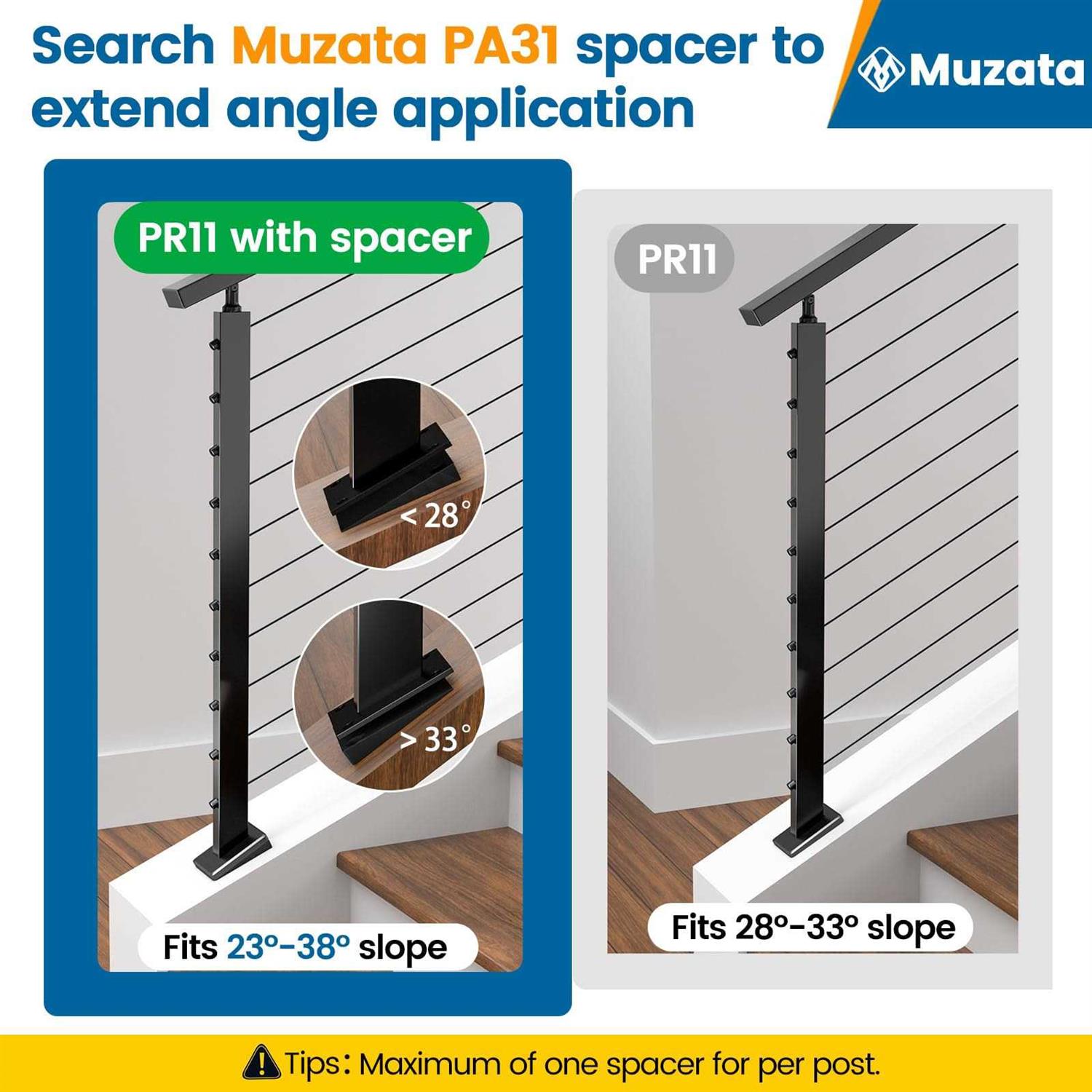 Muzata 30° Slope Post Knee Wall 36x1x2 30°-drilled Stair Post Adjustable Top Cable Railing Post Stainless Steel - Cheap Fitting