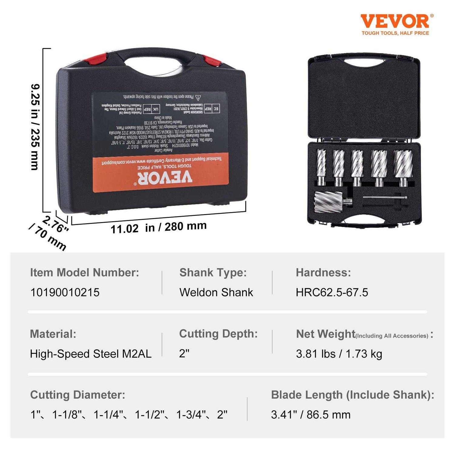 VEVOR Annular Cutter Set 6 pcs Weldon Shank Mag Drill Bits 2 Cutting Depth 1 to 2 Cutting Diameter M2AL High-Speed Steel with 2 Pilot Pins and - Cheap Fitting