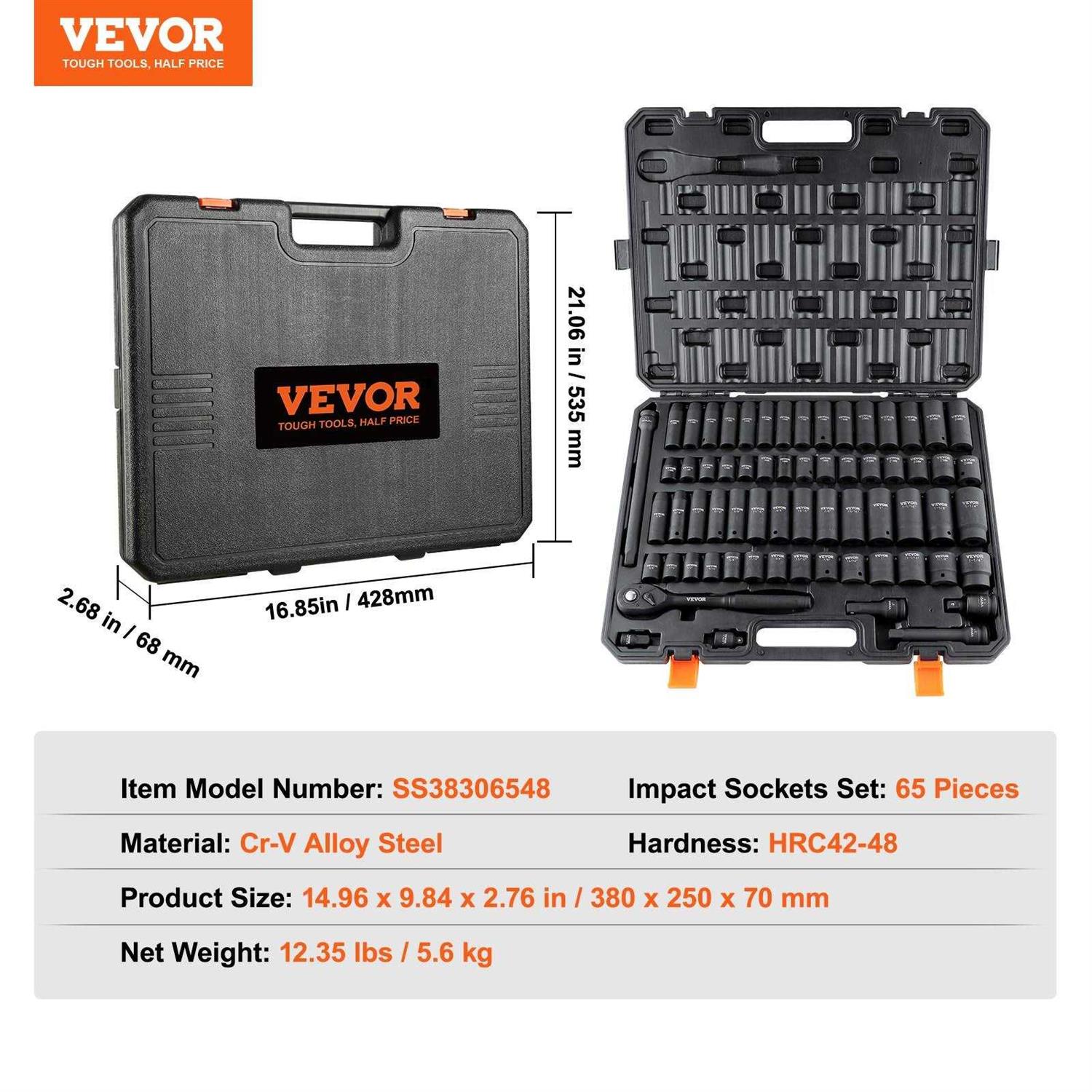 VEVOR 1/2 Drive Impact Socket Set, 65 Piece SAE 3/8 to 1-1/4 and Metric 10-24mm - Cheap Fitting