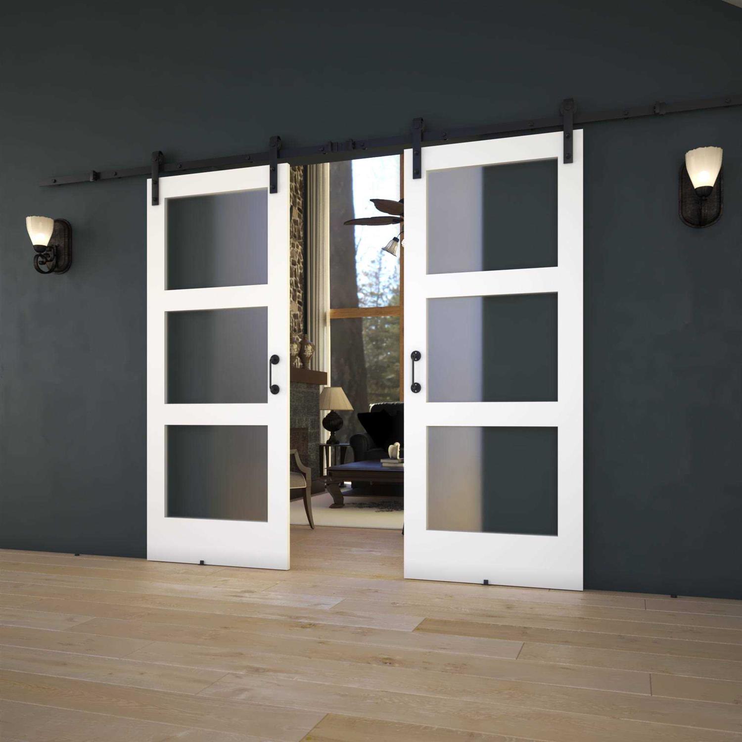 EightDoors 36-in x 84-in White Finished Frosted Glass Pine Wood Single Barn Door - Cheap Fitting