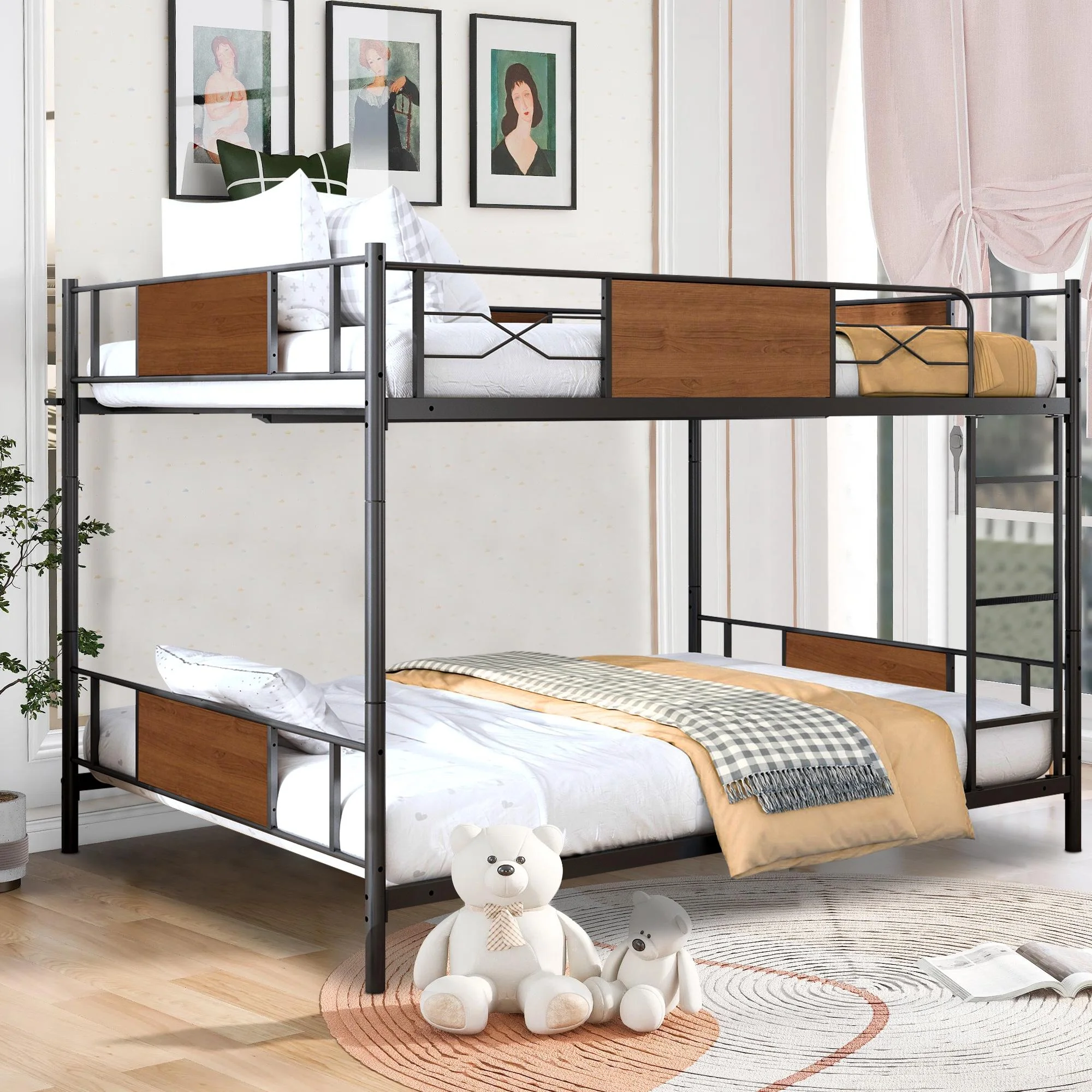 Full over Full Metal Bunk Beds, Paproos Industrial Metal Bunk Beds Full Over Full, Low Full Size Bunk Bed for Kids and Teens, Convertible into 2 Full Size Beds, No Box Spring Need, Load-Bearing 400lb - Cheap Fitting
