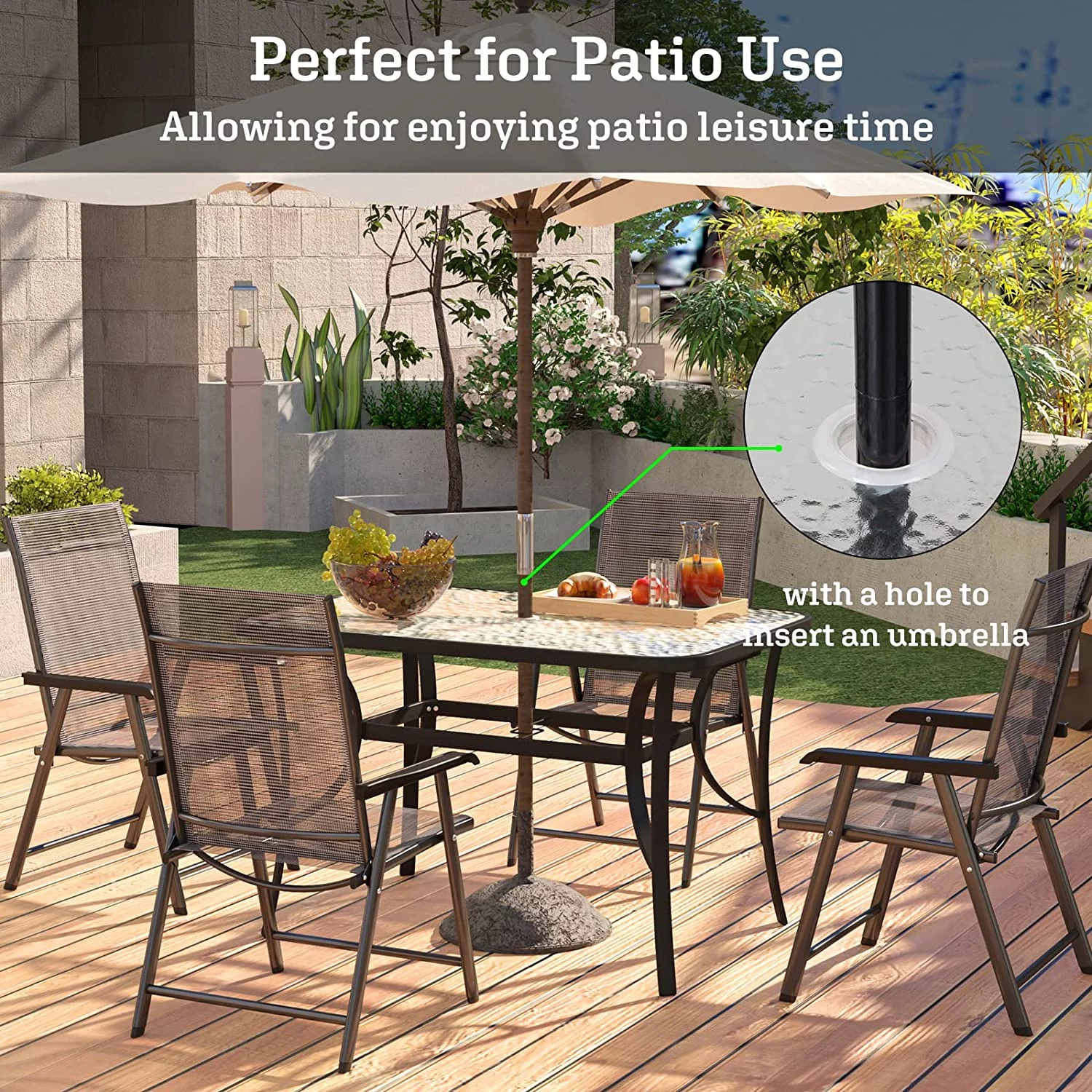 Soges Outdoor Tempered Glass Table Patio Dining Table with Umbrella Hole Steel Frame 47 inch Black, Rectangle - Cheap Fitting