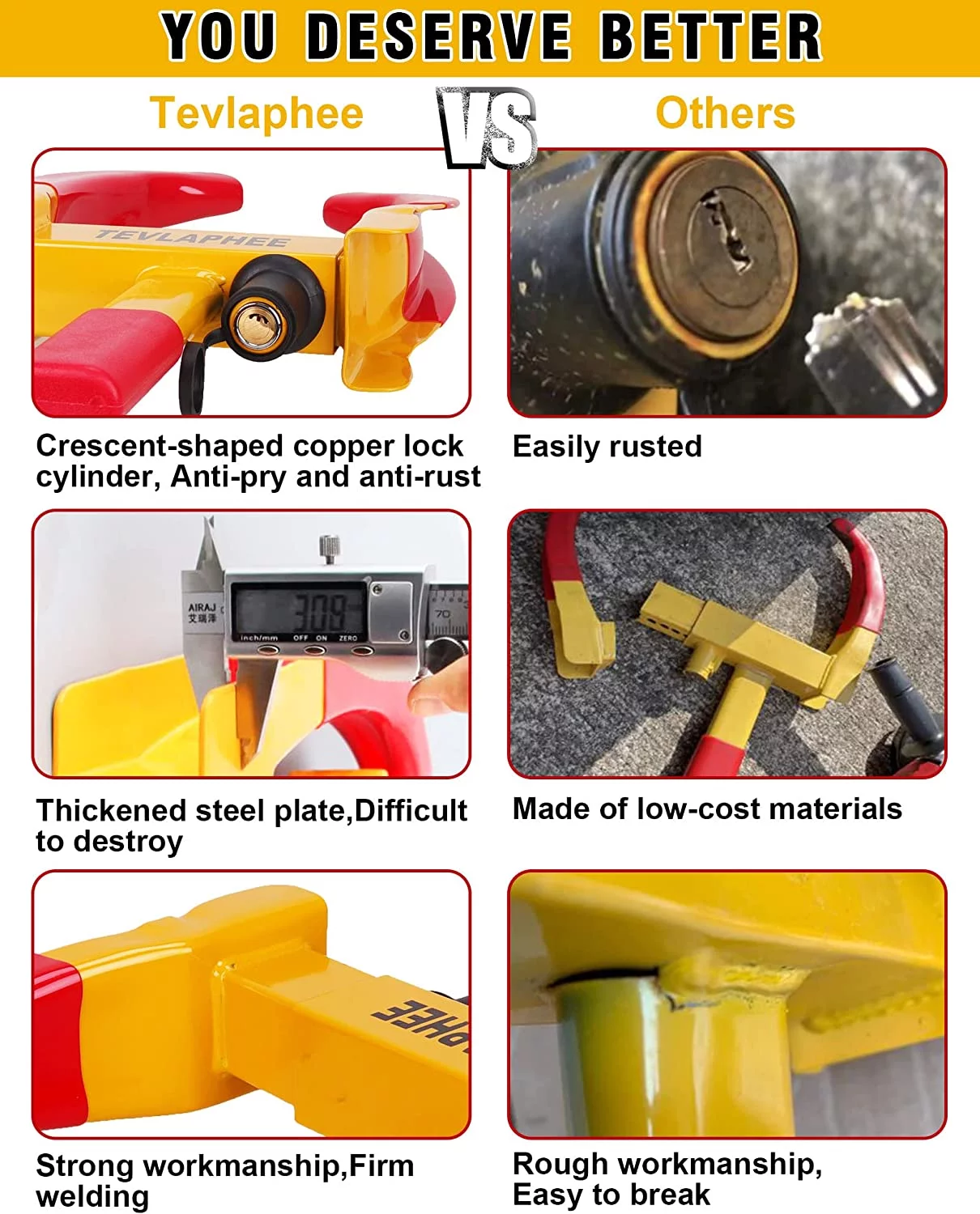 Tevlaphee Universal Wheel Lock Heavy Duty Security Trailer Wheel Lock Tires Anti Theft for Car SUV Boat Motorcycle Golf Cart Great Deterrent Bright Color with 3 Keys - Cheap Fitting