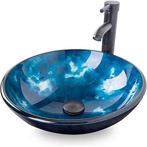 ELECWISH Bathroom Artistic Vessel Sink Round Above Tempered Glass Faucet & Pop up Drain - Cheap Fitting
