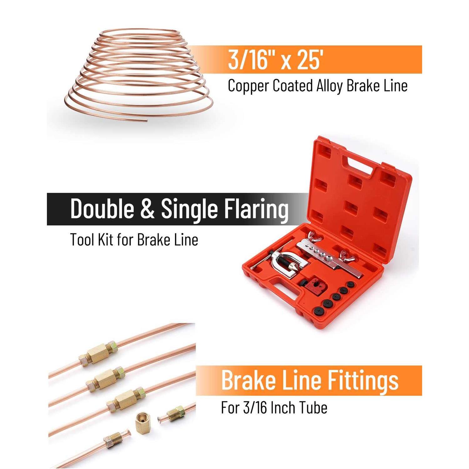 Racewill 25 ft 3/16 Copper Coated Brake Line Kit + Double & Single Flaring Tool Kit - Cheap Fitting