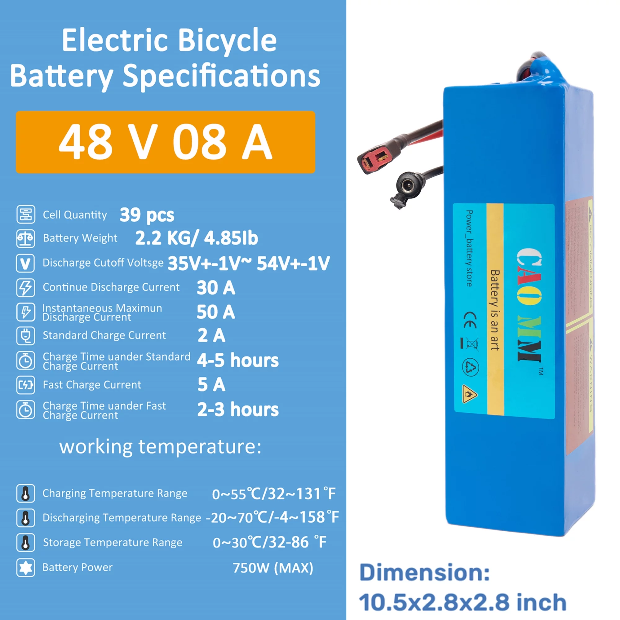 Ebike Battery 48V 8Ah Lithium Battery XT-60 with 2A Charger for 750W Electric Bike Scooter - Cheap Fitting