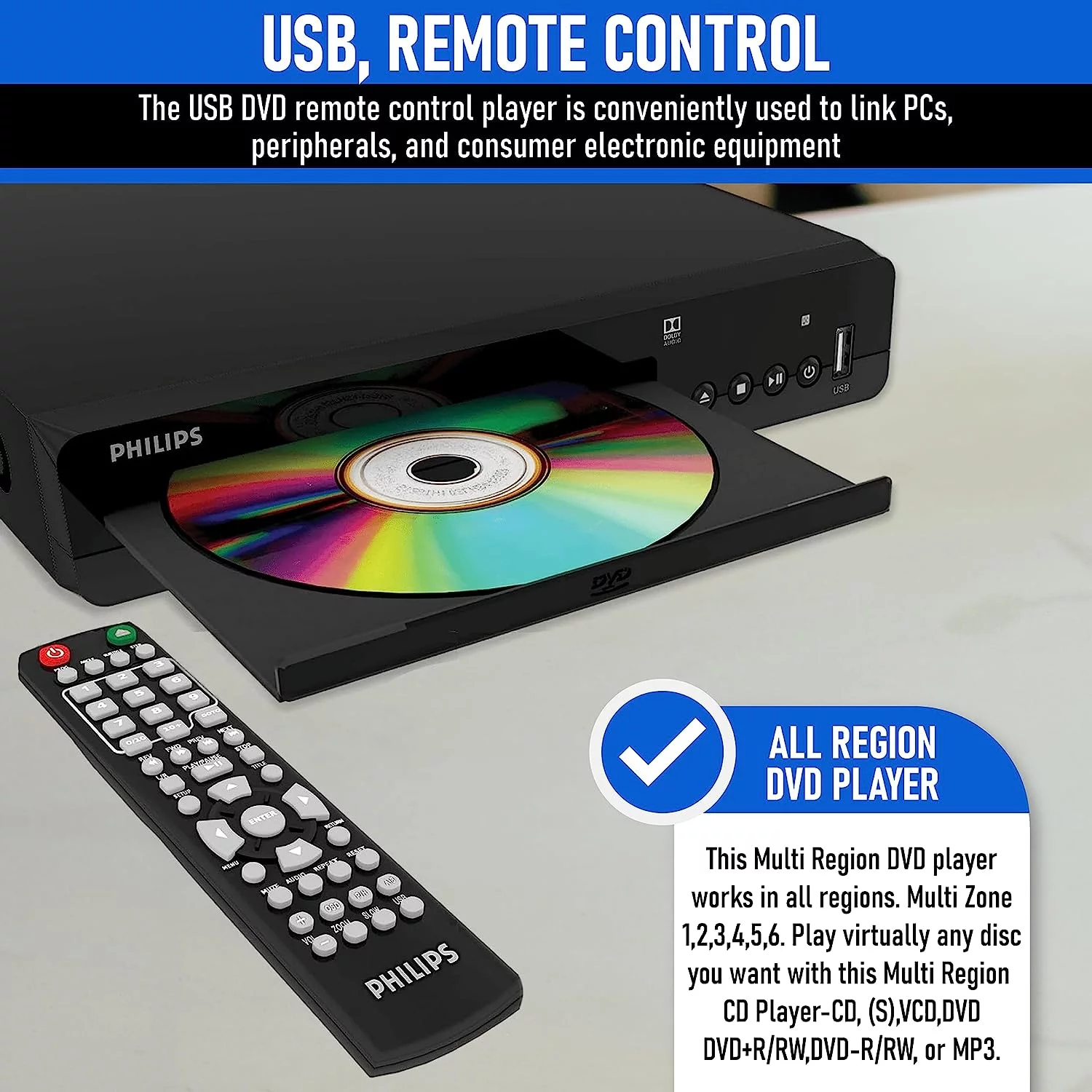 Philips DVD Player for TV DVD/CD Player for Home 1080p USB DVD Plays All Regions RV DVD Players for Smart TV - Cheap Fitting