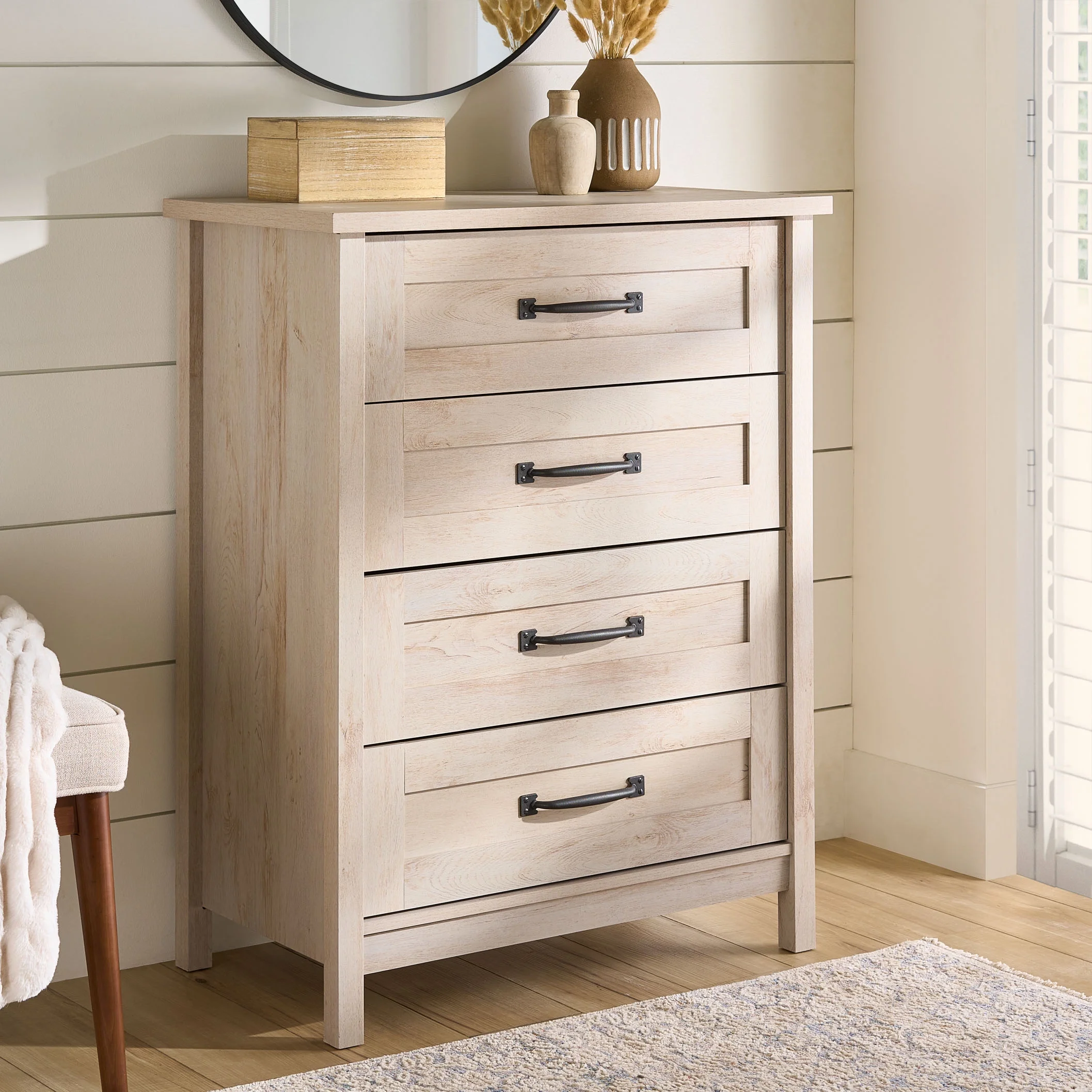 Better Homes & Gardens Modern Farmhouse 4-Drawer Chest, Rustic White Finish - Cheap Fitting