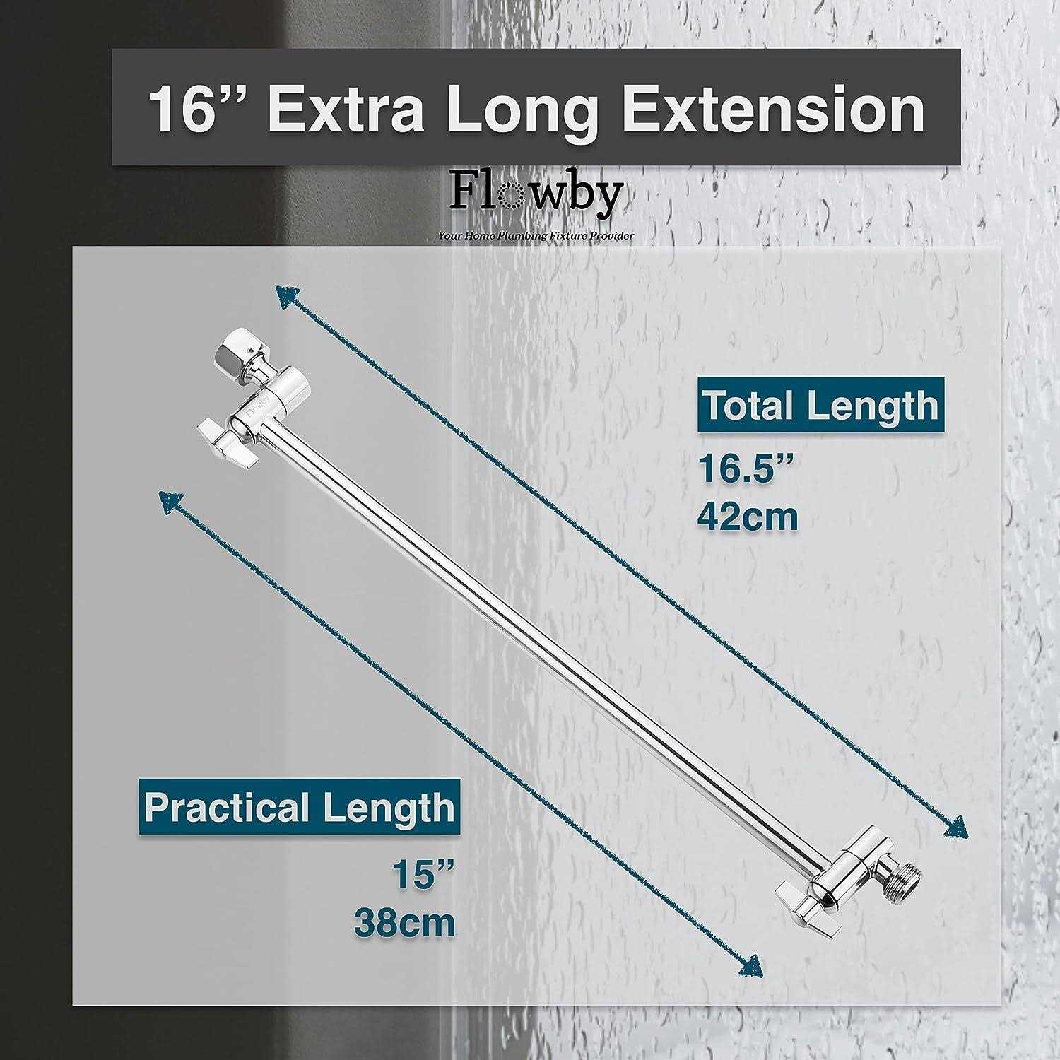 Flowby 16” Extra Long Adjustable Solid Brass Chromed Shower Head Extension Arm, With Setting Screw and Locking Nuts - Cheap Fitting