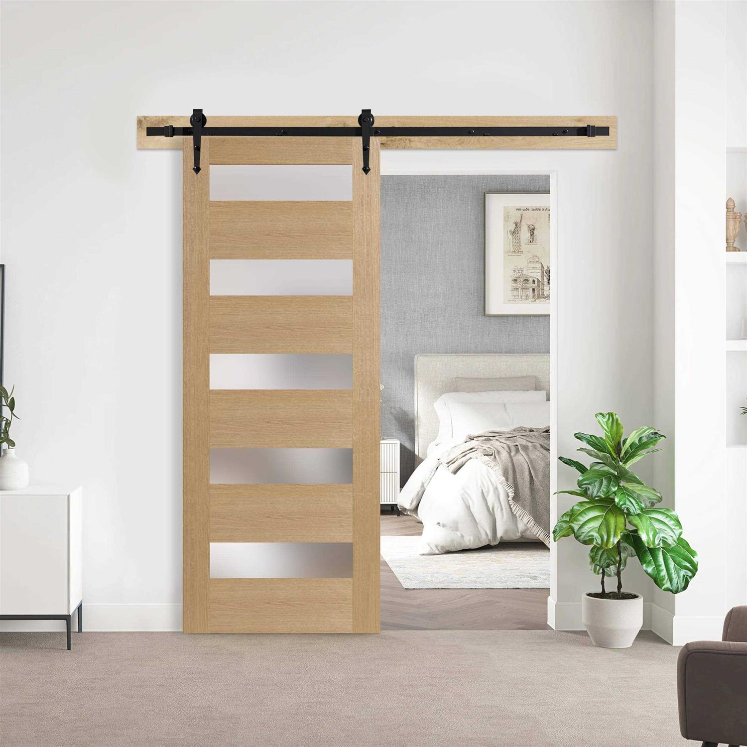 Stile Doors 5Lwo 80 inch White Oak 5 Lite Satin Etched Glass Solid Core Slab - Cheap Fitting