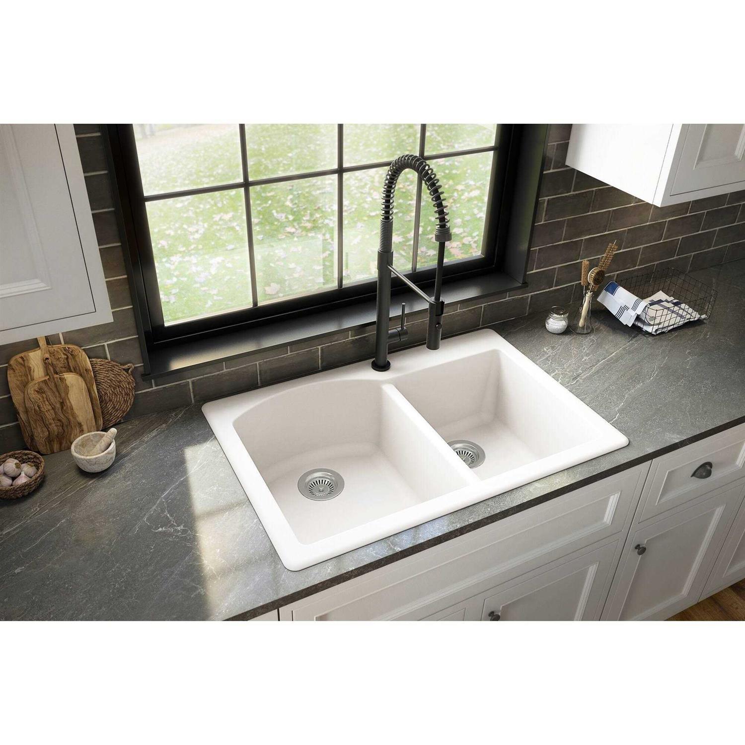 Karran Drop-In Quartz 33 In. 1-Hole 60/40 Double Bowl Kitchen Sink Kit QT-610 - Cheap Fitting