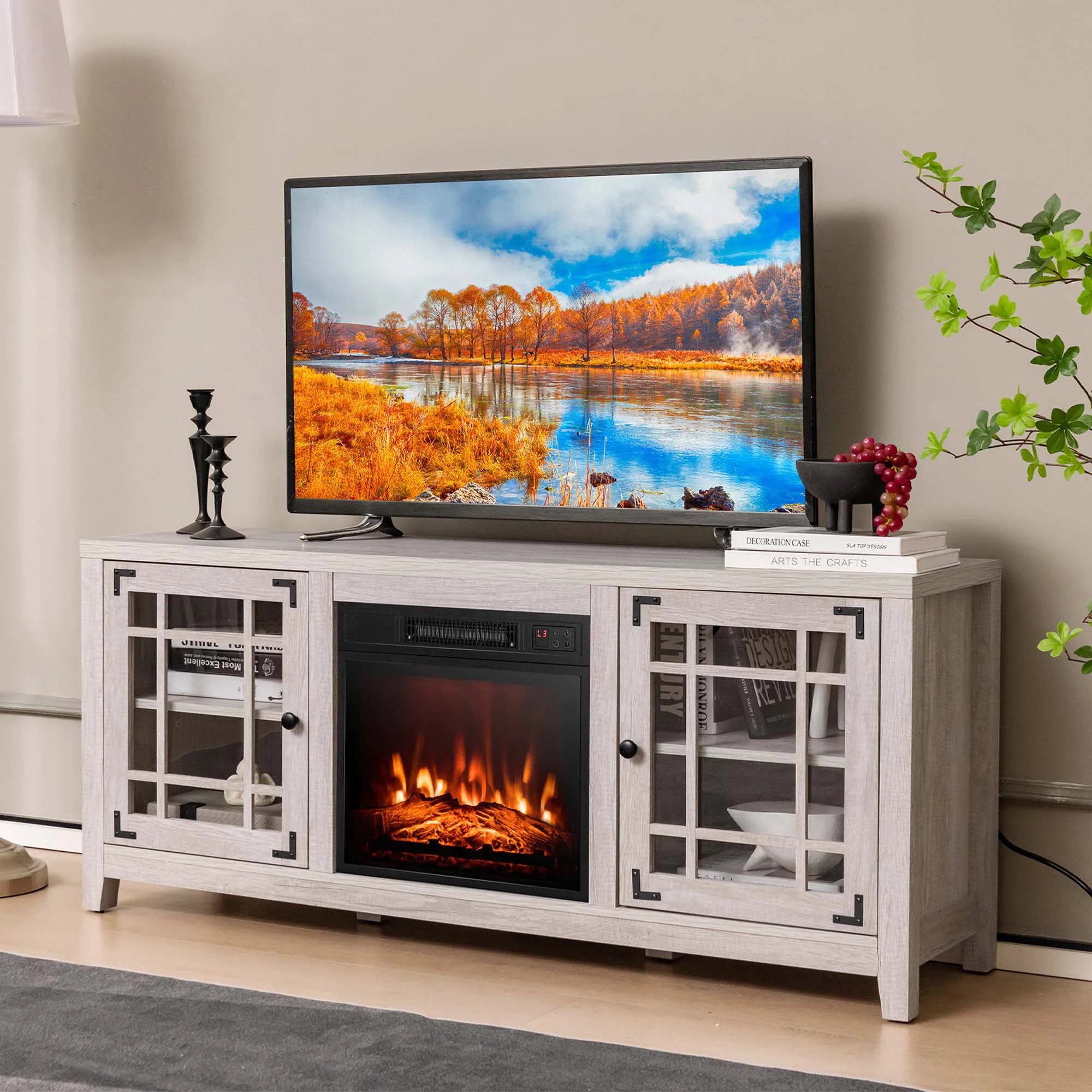 Costway 58 Inches Fireplace TV Stand for TVs up to 65 Inches with 1400W Electric Fireplace Natural - Cheap Fitting