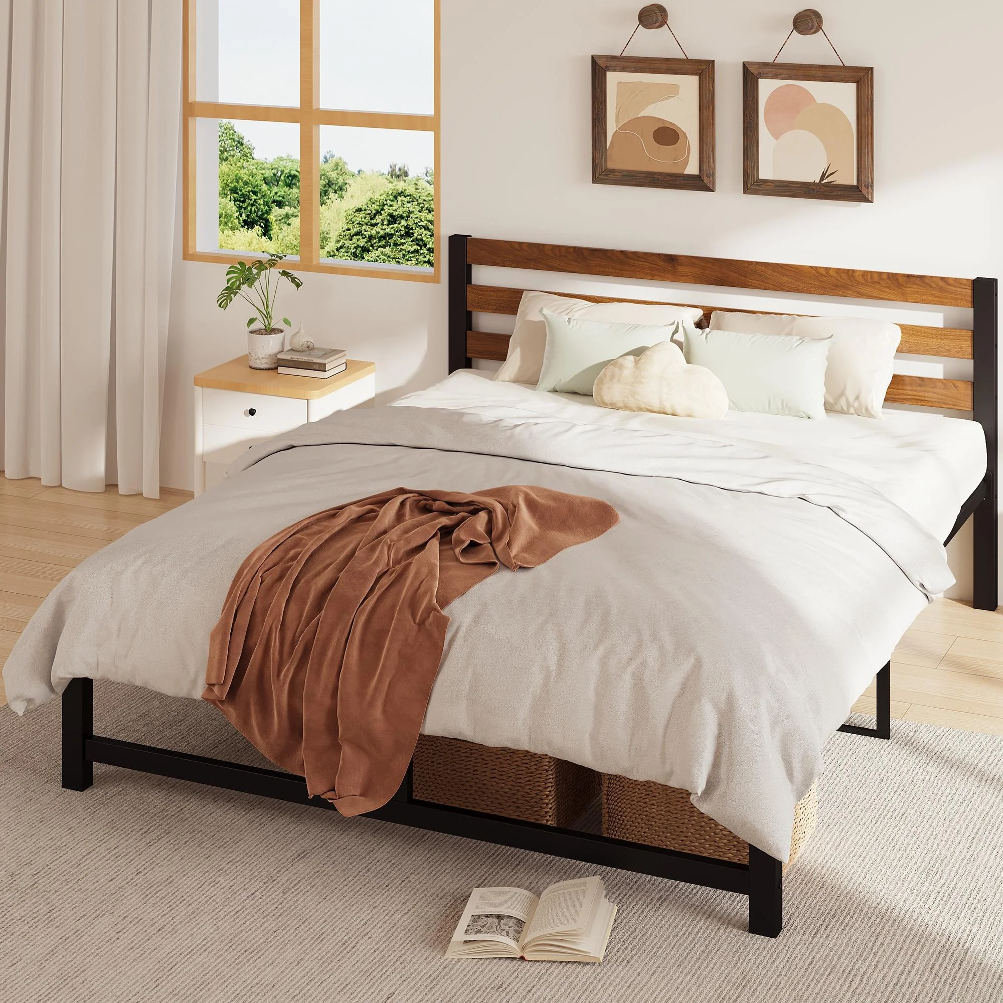 uhomepro Queen Platform Bed Frame with Headboard, Rustic Brown and Black Metal Platform Bed Frame with Heavy Duty Metal Slats, No Box Spring Needed - Cheap Fitting